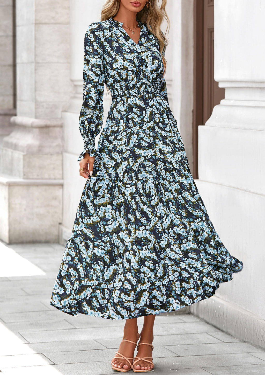 PRETTYGARDEN Women's Floral Maxi Dress Fall Long Sleeve V Neck Casual A Line Long Flowy Boho Party Dresses