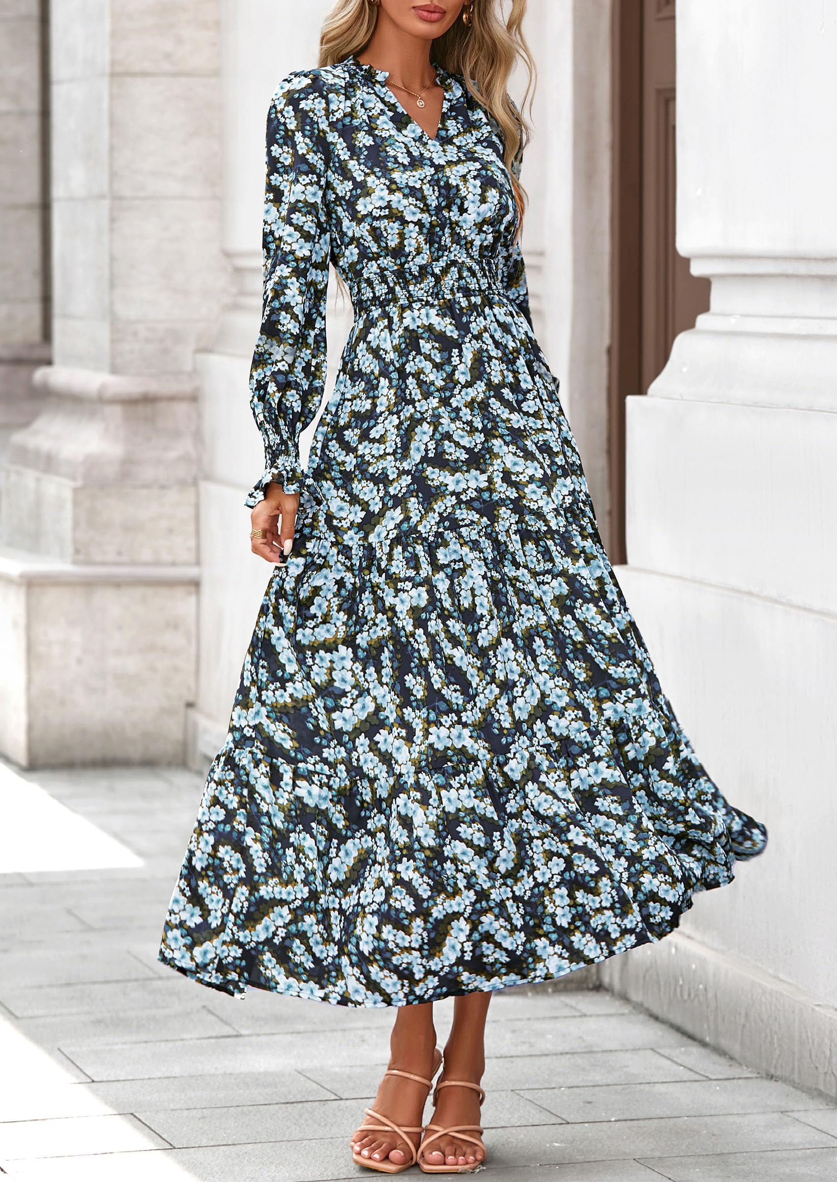 PRETTYGARDEN Women's Floral Maxi Dress Fall Long Sleeve V Neck Casual A Line Long Flowy Boho Party Dresses