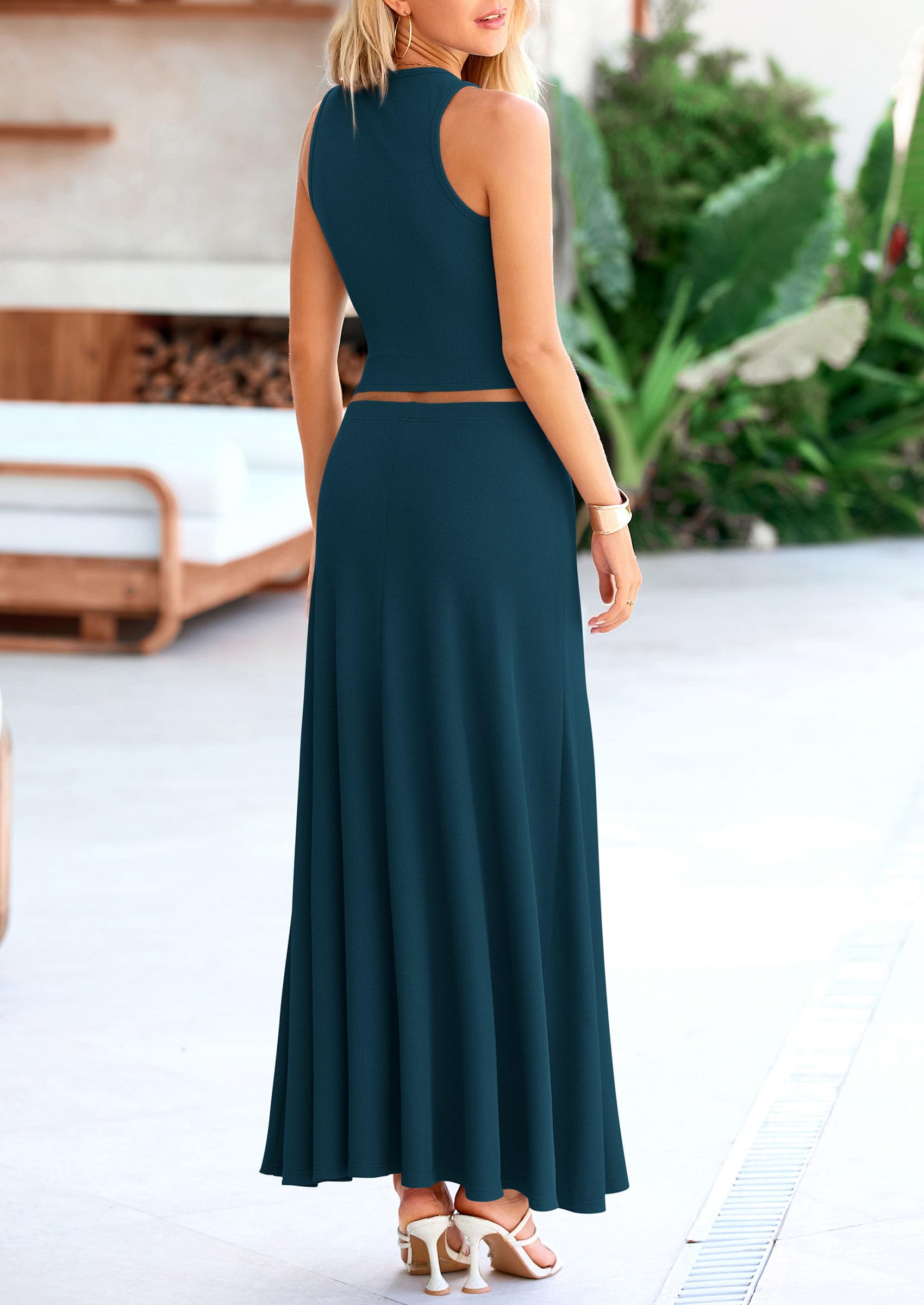 PRETTYGARDEN Women's 2 Piece Maxi Skirt Sets Casual Summer Knit Cropped Tank Top High Waisted Long Skirts Outfit