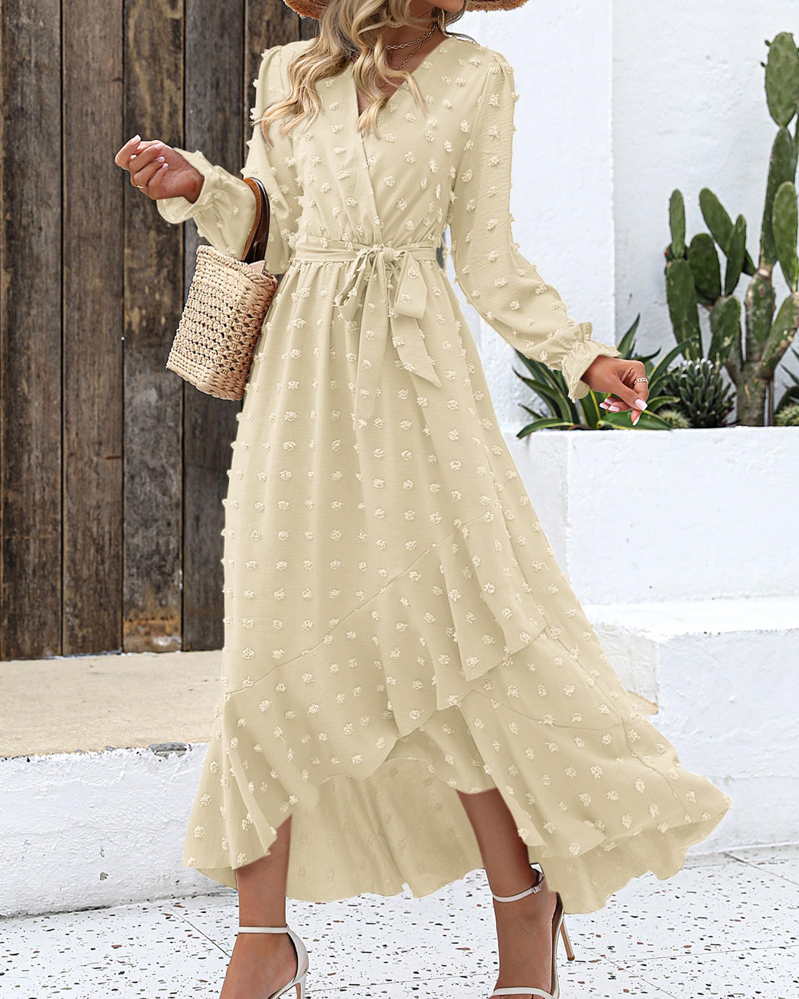 FreshPretty Long Sleeve Maxi Dresses for Women V Neck Swiss Dot Boho Flowy Slit Cocktail Wedding Guest Dress Fall Clothes