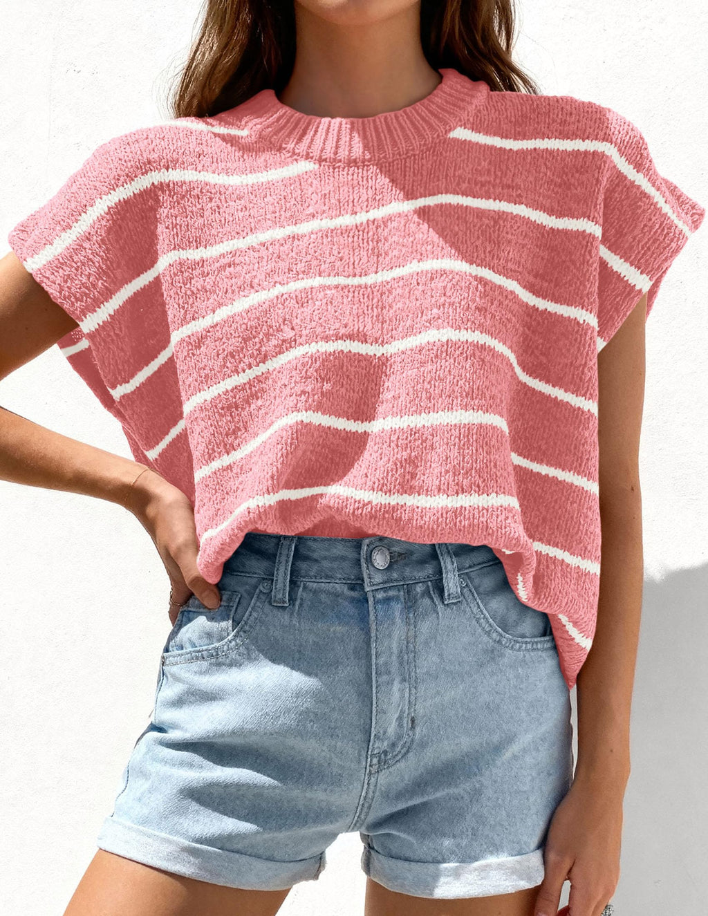 PRETTYGARDEN Womens Summer Short Sleeve Tops Trendy Crew Neck Striped Knit Sweater Business Casual Spring Clothes