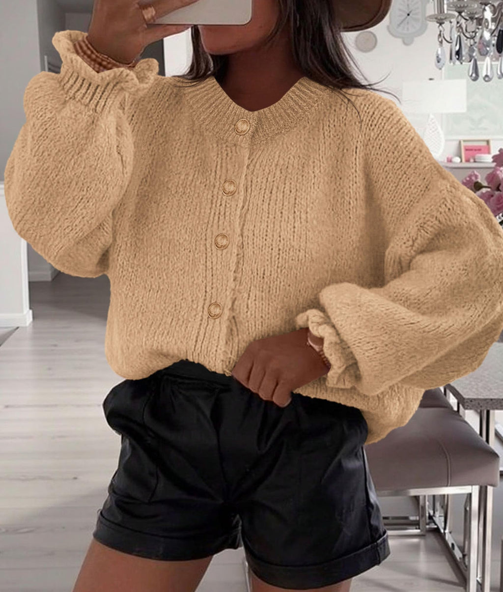 PRETTYGARDEN Womens Cropped Cardigans Trendy Ruffle Open Front Chunky Knit Sweater Oversized Button Down Fall Clothes