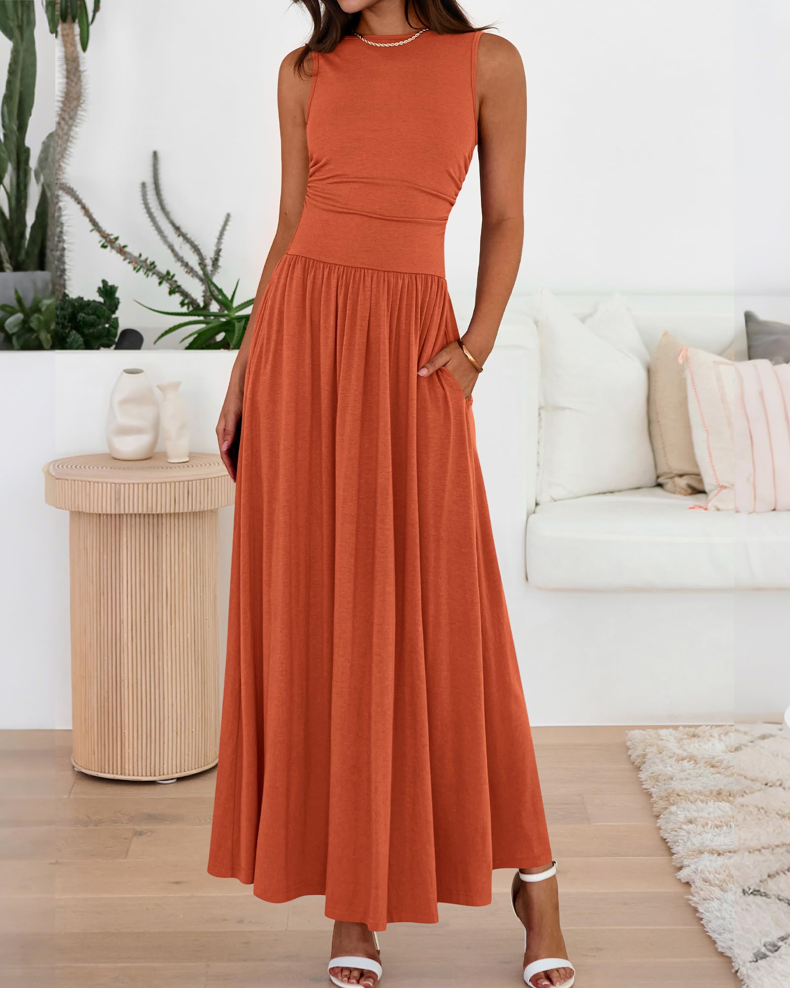BTFBM Summer Maxi Dresses for Women Spring Sleeveless Casual Ruched High Waisted Long Sundress Flowy Beach Dress