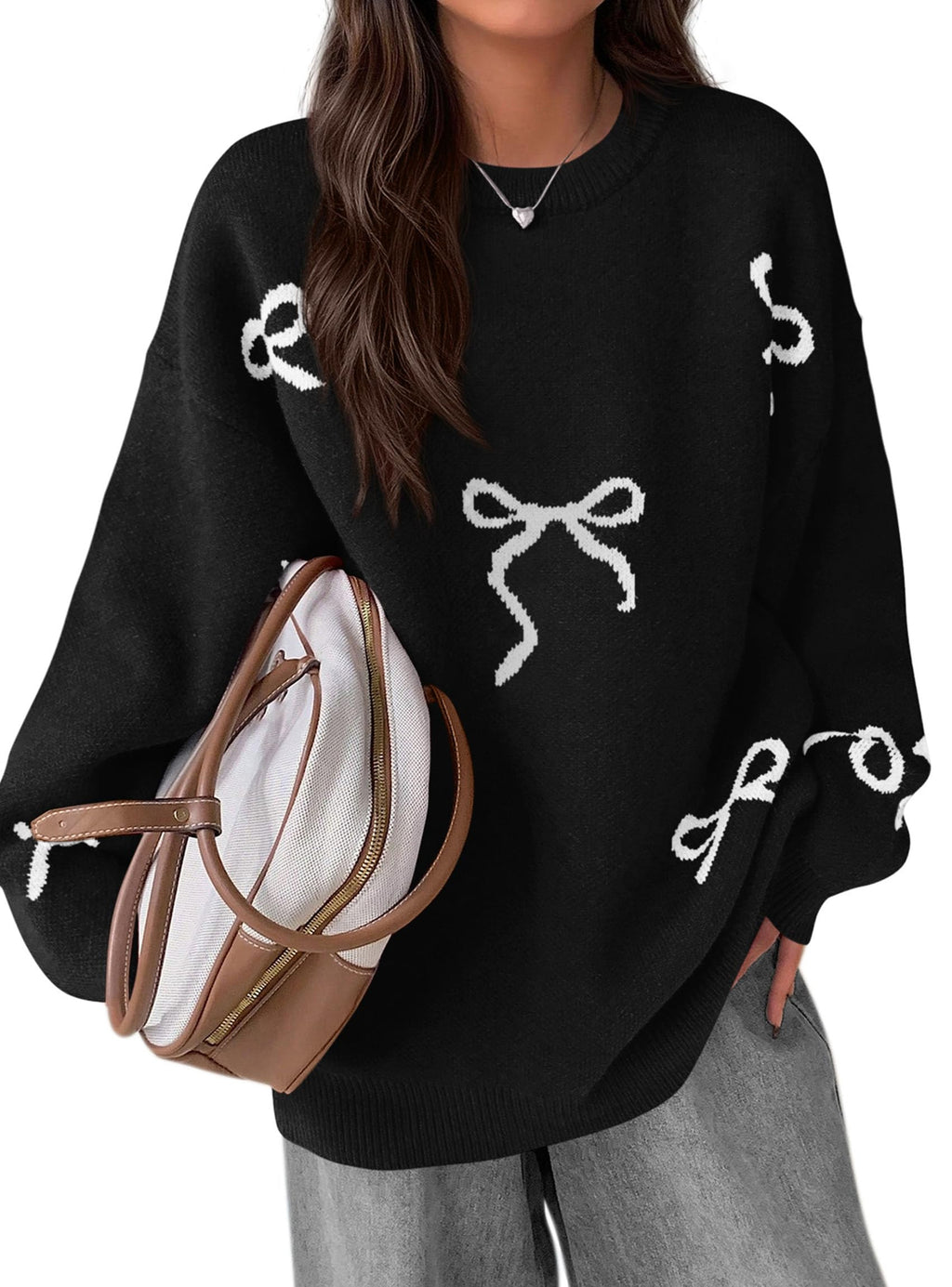 PRETTYGARDEN Fall Long Sleeve Pullover Sweaters for Women Trendy Crewneck Casual Cute Bow Chunky Knit Oversized Sweater