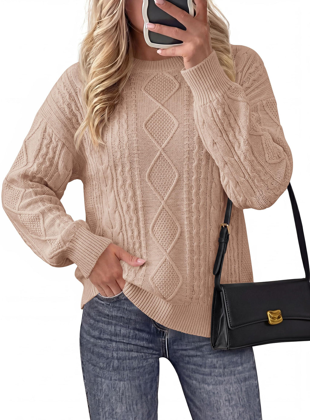 PRETTYGARDEN Women's Crewneck Cable Knit Sweater Pullover Tops Soft Luxury,Long Sleeve Sweaters,Chunky Texture,Fall Outfits,Warm Layering,Daily Wear,Work Holiday,Winter Going out Top