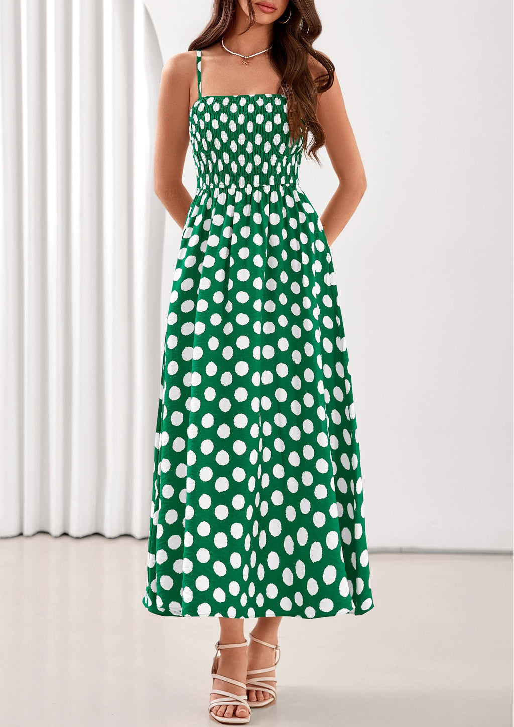 PRETTYGARDEN Womens Polka Dot Dress Summer Sleeveless Spaghetti Straps Smocked Sun Dress Flowy Spring Beach Midi Dresses