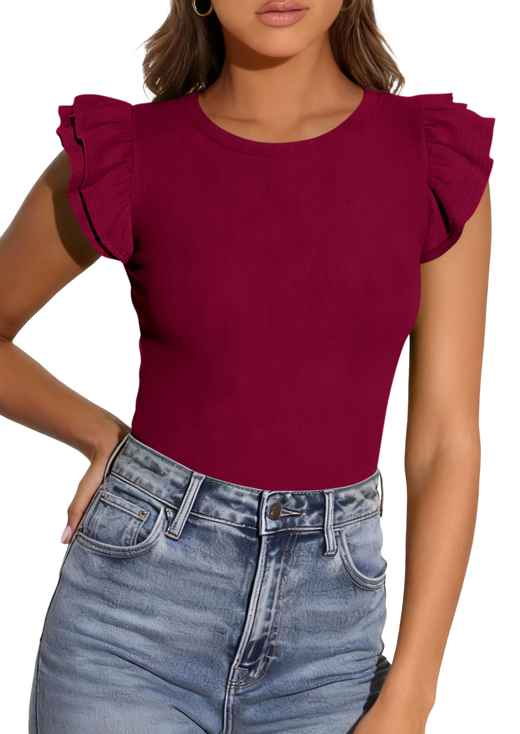 PRETTYGARDEN Womens Summer Crew Neck T Shirts Trendy Ruffle Sleeve Slim Fit Knit Going Out Tops Casual Spring Clothes