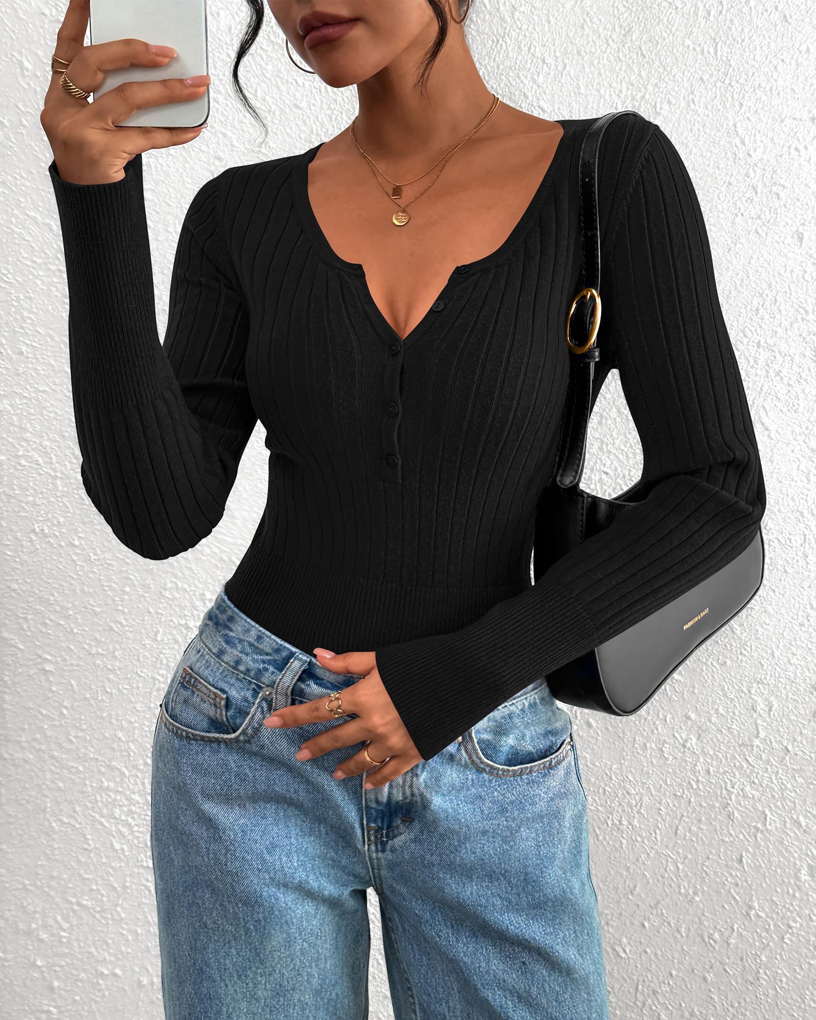 FreshPretty Fall Sweaters for Women Lightweight Long Sleeve Henley Shirts Button Up Knit Basic Slim Fit Going Out Tops