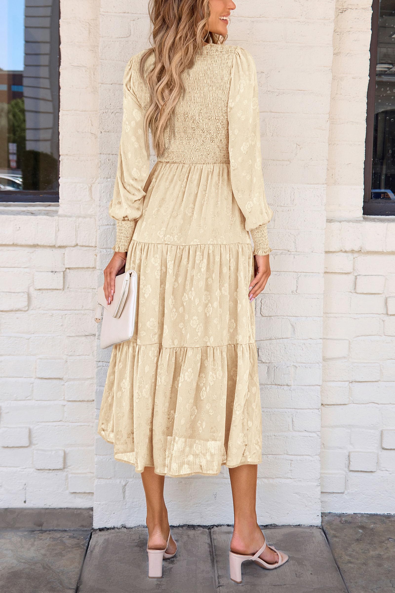 PRETTYGARDEN Women's Fall Spring Midi Dress Long Sleeve Floral Smocked Elegant Wedding Guest Long Flowy Dresses with Pockets