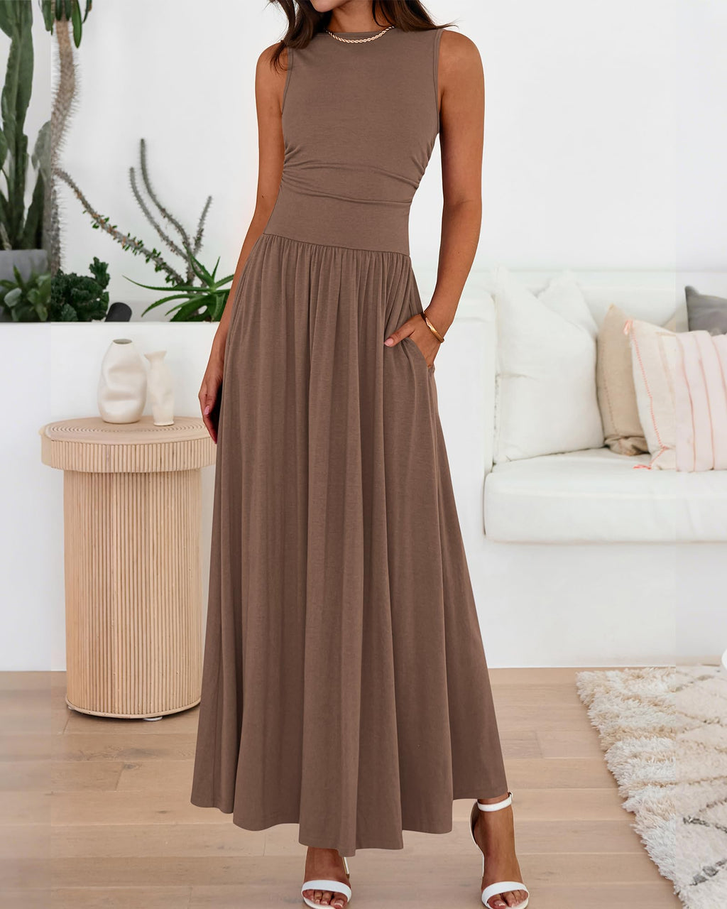 BTFBM Summer Maxi Dresses for Women Spring Sleeveless Casual Ruched High Waisted Long Sundress Flowy Beach Dress