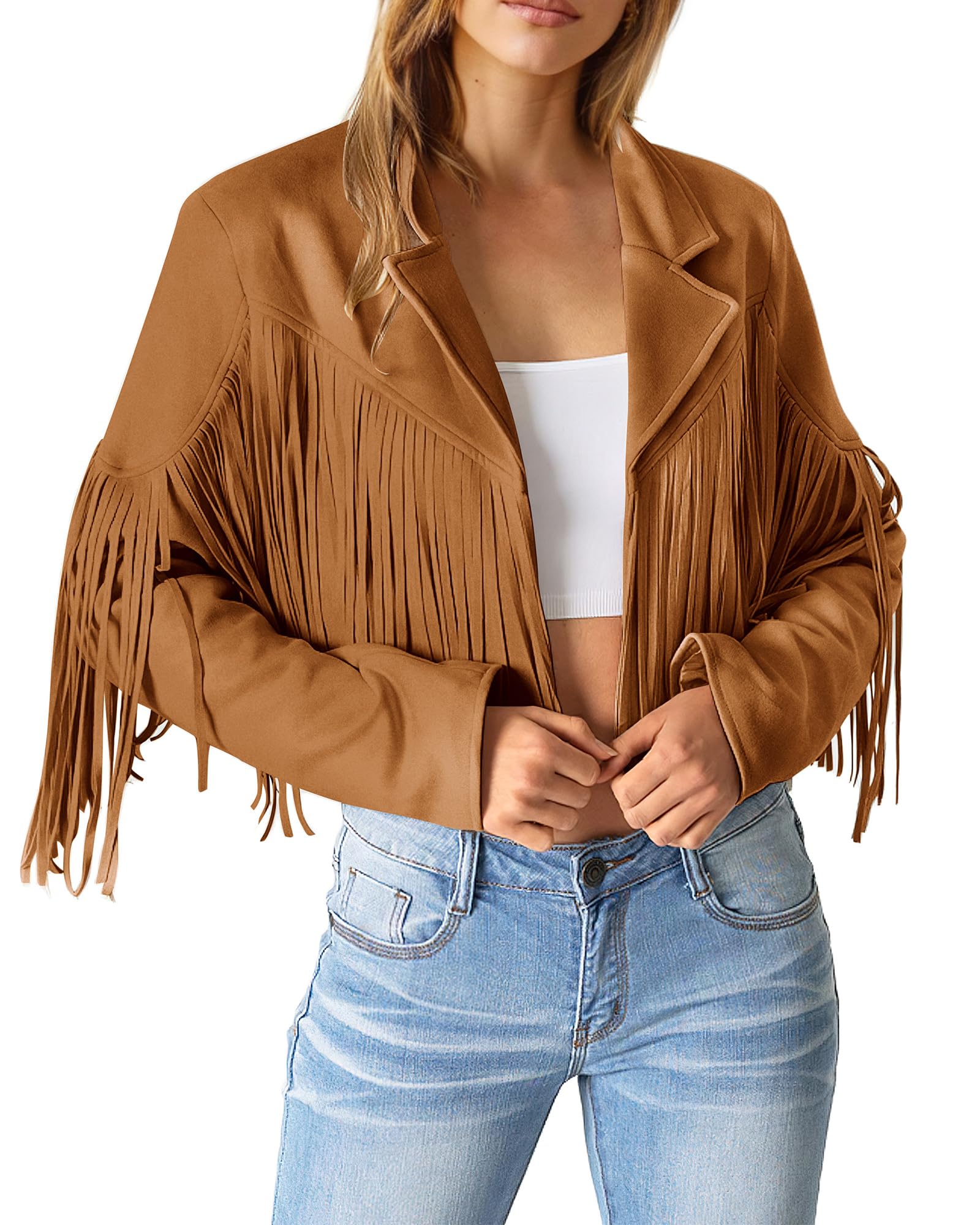 PRETTYGARDEN Women's Fringe Faux Suede Leather Jackets Fall Fashion Tassel Motorcycle Cropped Coats