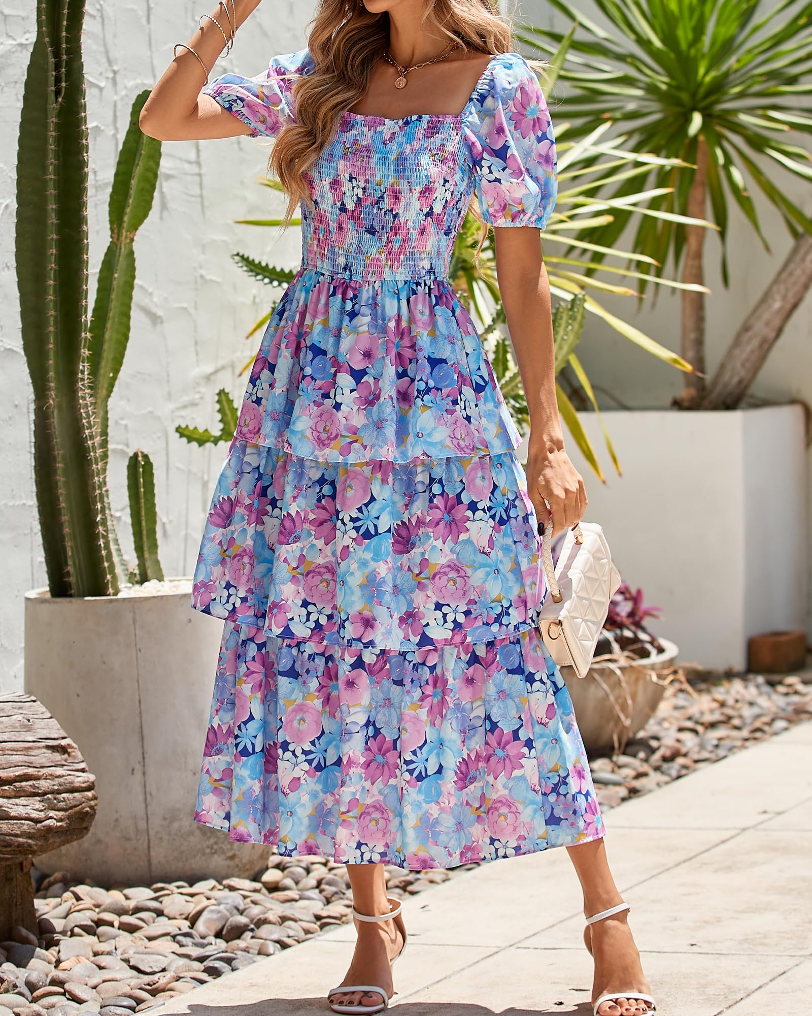 BTFBM Womens Square Neck Smocked Dress Summer Puff Short Sleeve Floral Casual Ruffle Tiered Maxi Wedding Guest Dresses