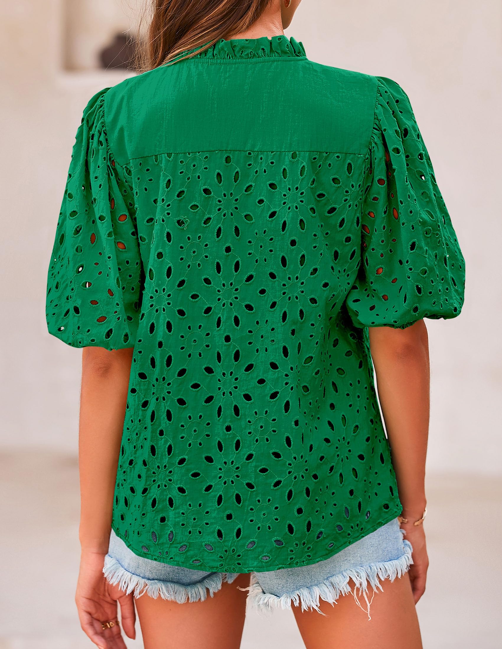 PRETTYGARDEN Women's Summer Tops Dressy Casual Short Sleeve V Neck Buttons Hollow Out Lace Embroidered Blouses Shirts