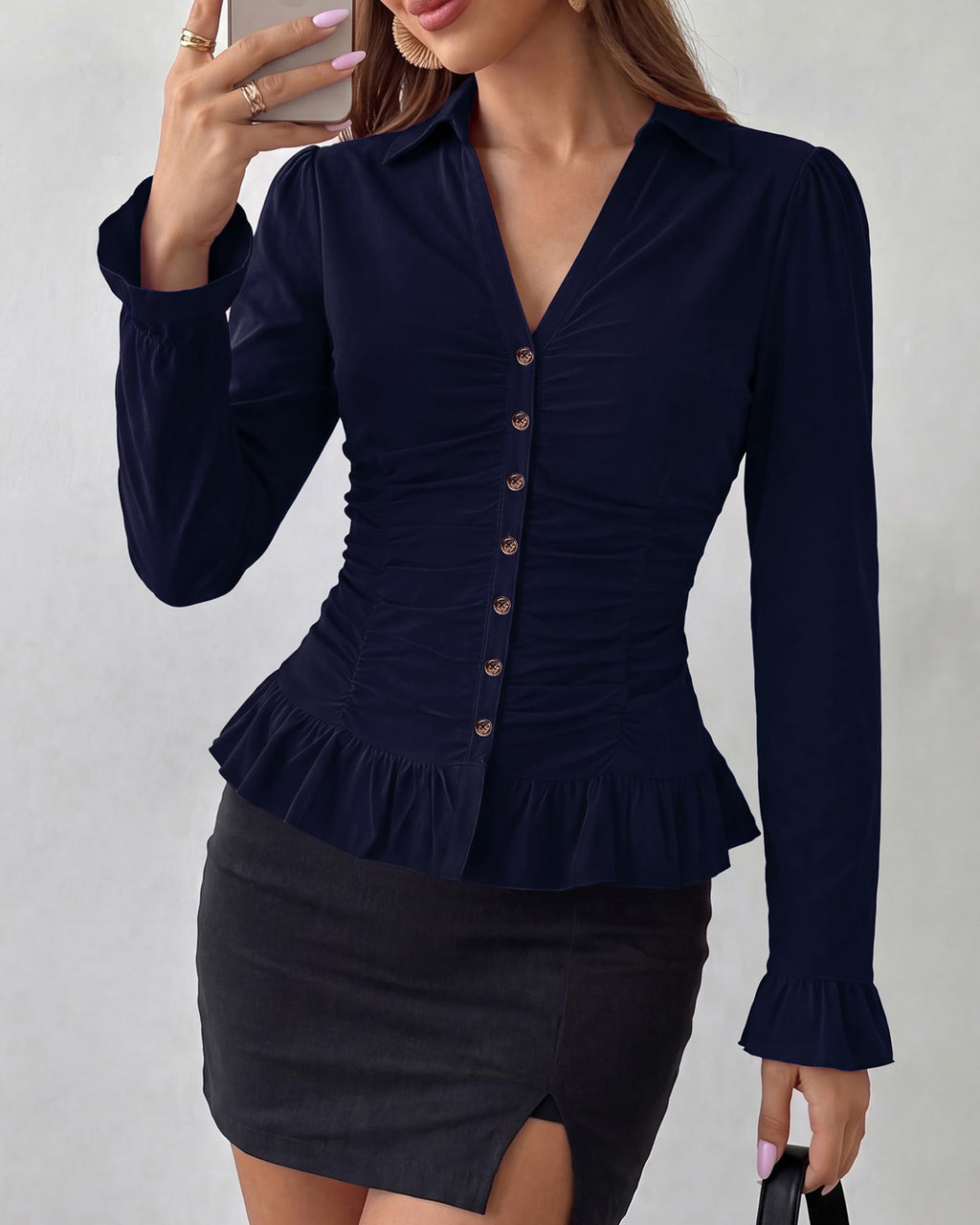 BTFBM Fitted Button Down Shirts for Women Dressy Casual Tops Collar V Neck Long Sleeve Ruched Tops, Stretchy Ruffle Blouses, Fall Fashion Clothing, Work Date Night Going Out Outfits