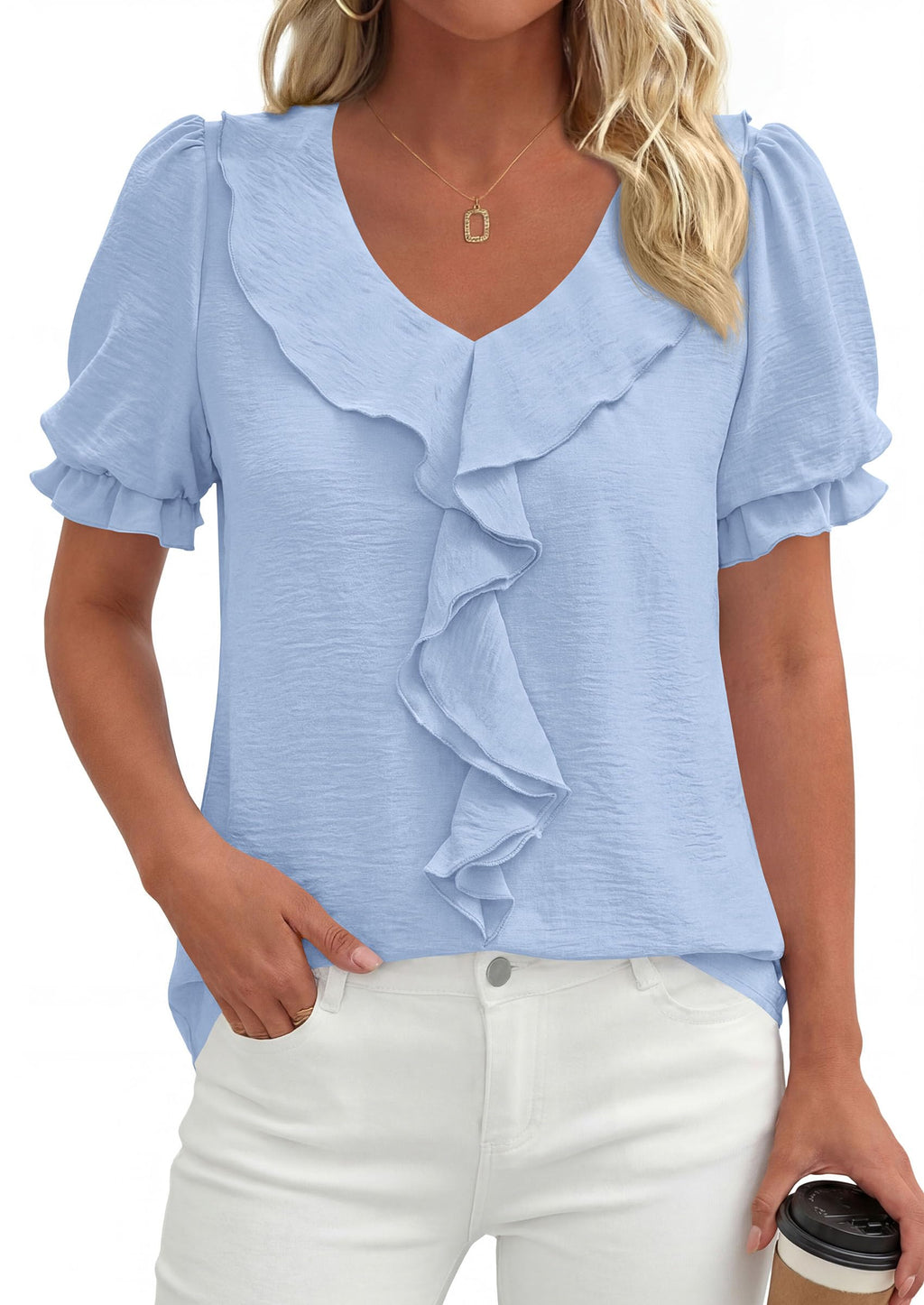 PRETTYGARDEN Women's Summer Dressy Casual Blouses Short Sleeve V Neck Ruffle Business Work Tops Trendy Spring Outfits