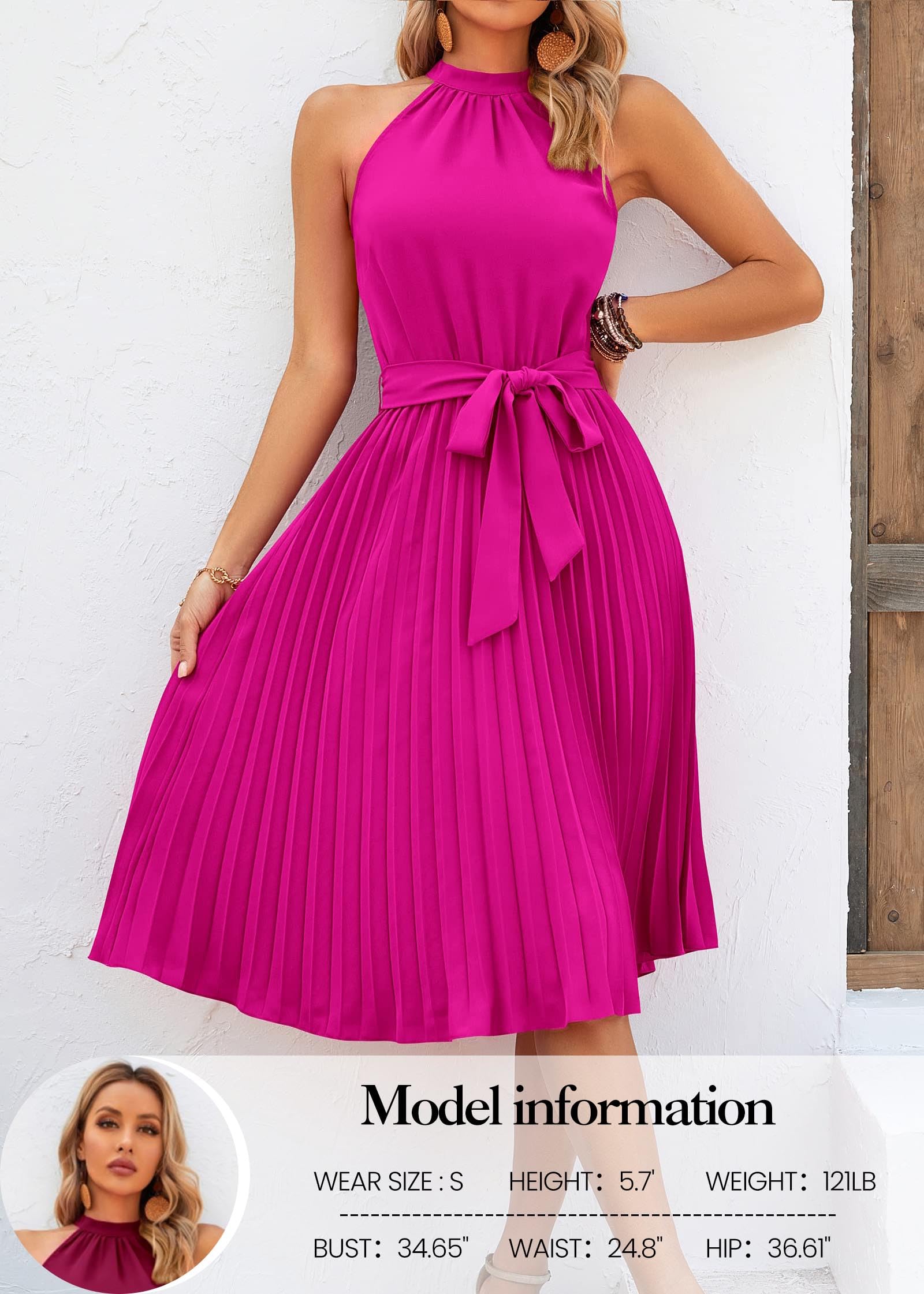 FreshPretty Women's Summer Sleeveless Halter Neck Pleated Midi Cocktail Dresses A Line Flowy Beach Sun Dress with Belt