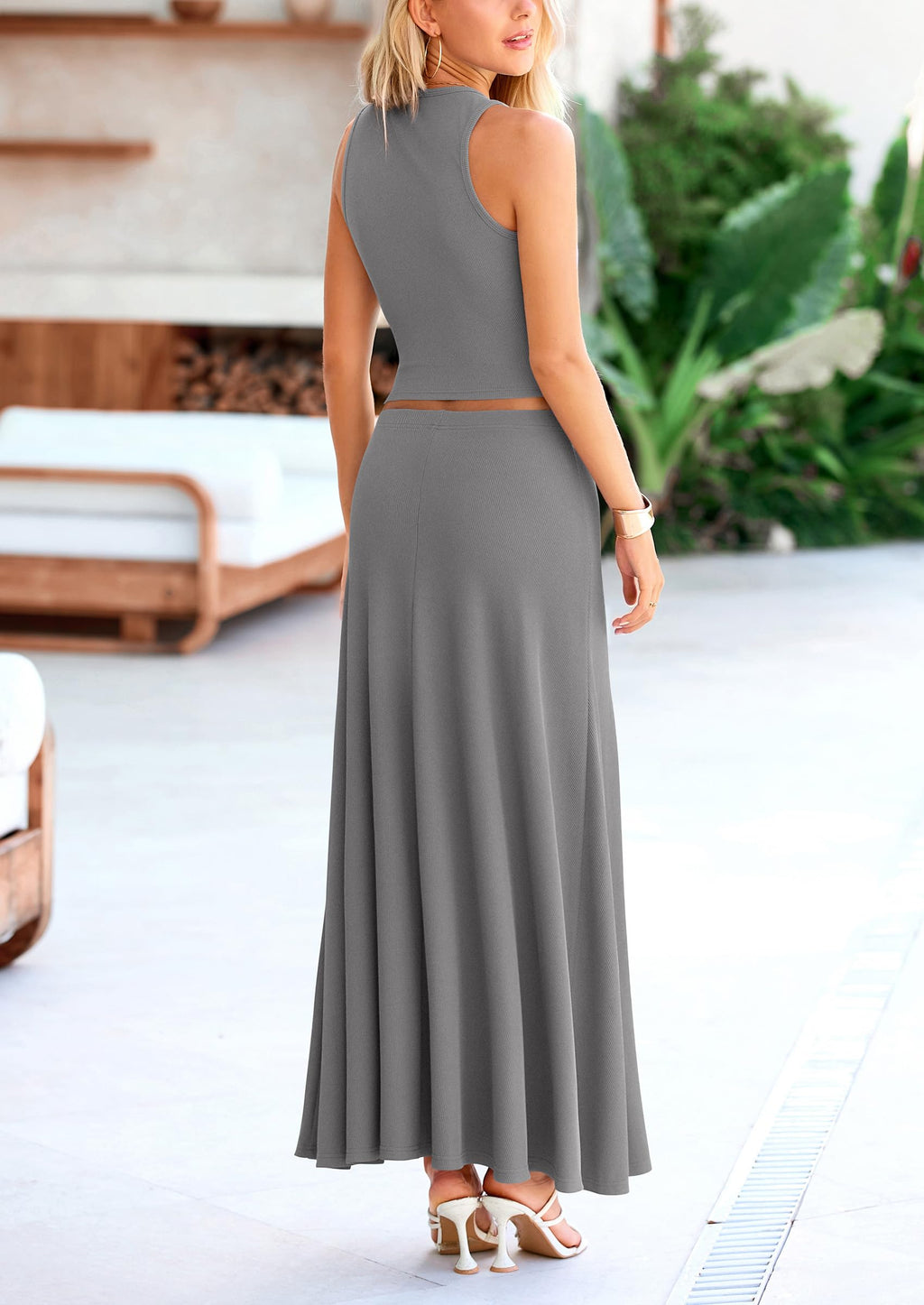 PRETTYGARDEN Women's 2 Piece Maxi Skirt Sets Casual Summer Knit Cropped Tank Top High Waisted Long Skirts Outfit