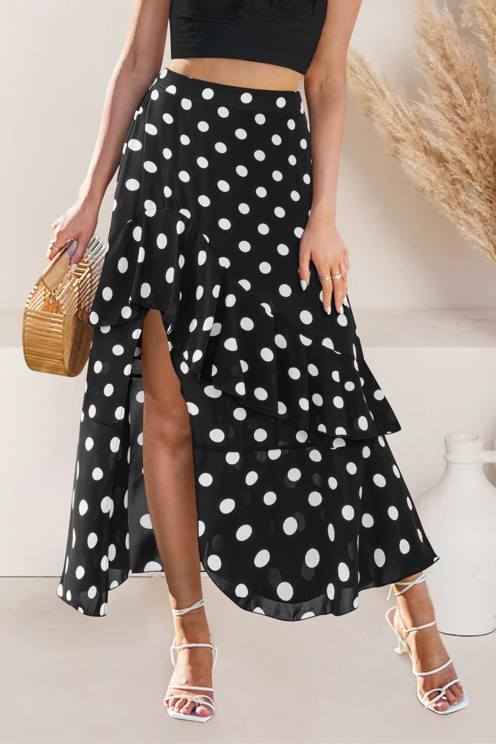 BTFBM Women Spring Summer Long Skirts Dress Boho Floral Elastic Waist Split Ruffle High Low Beach Maxi Skirt Clothes
