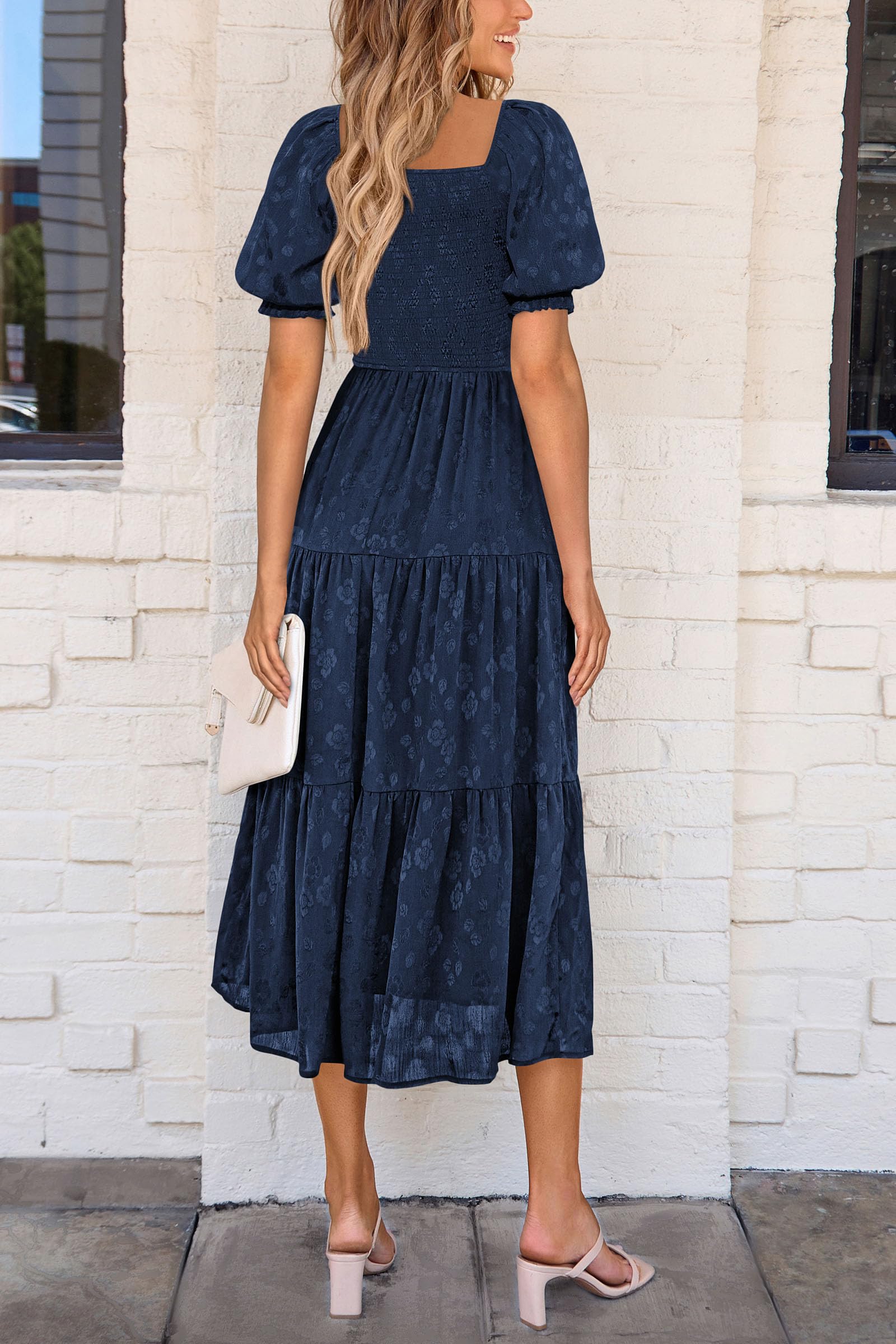 PRETTYGARDEN Women's Summer Casual Midi Dresses Square Neck Short Sleeve Smocked A Line Floral Flowy Elegant Boho Dress