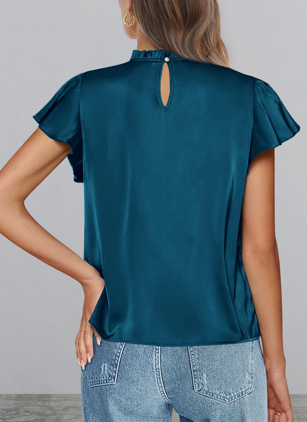 PRETTYGARDEN Business Casual Tops for Women Blouses Dressy  Summer Short Sleeve Ruffle Satin Work Office Attire