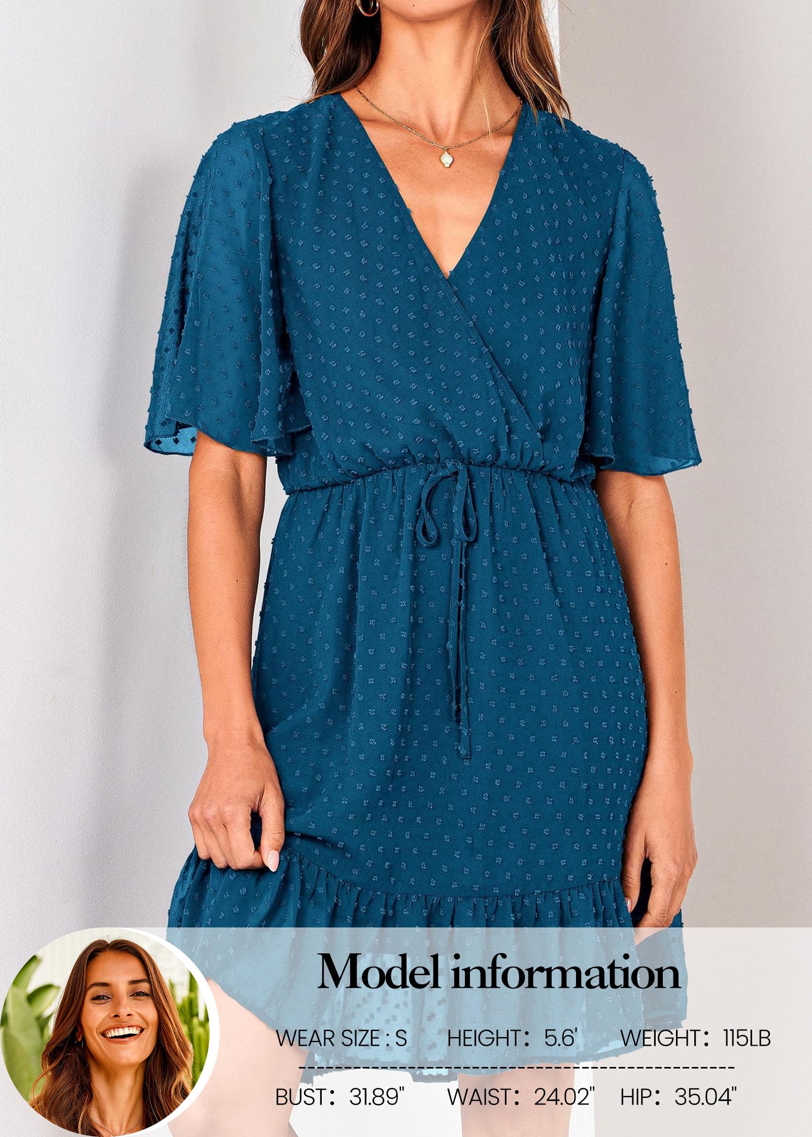 FreshPretty Women's Summer Dresses Casual Short Sleeve V Neck Ruffle Floral Print High Waist Flowy Mini Dress with Belt