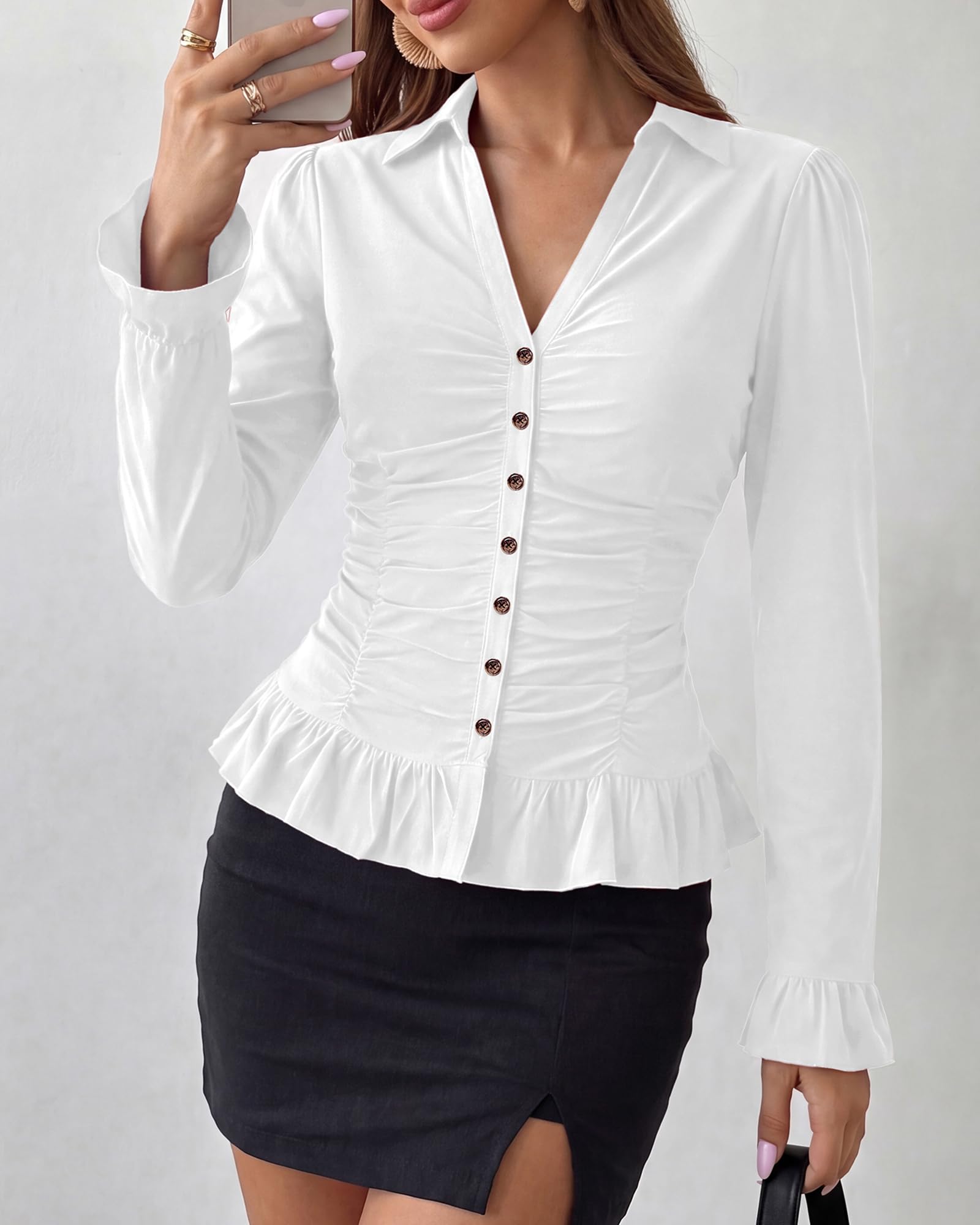 BTFBM Fitted Button Down Shirts for Women Dressy Casual Tops Collar V Neck Long Sleeve Ruched Tops, Stretchy Ruffle Blouses, Fall Fashion Clothing, Work Date Night Going Out Outfits