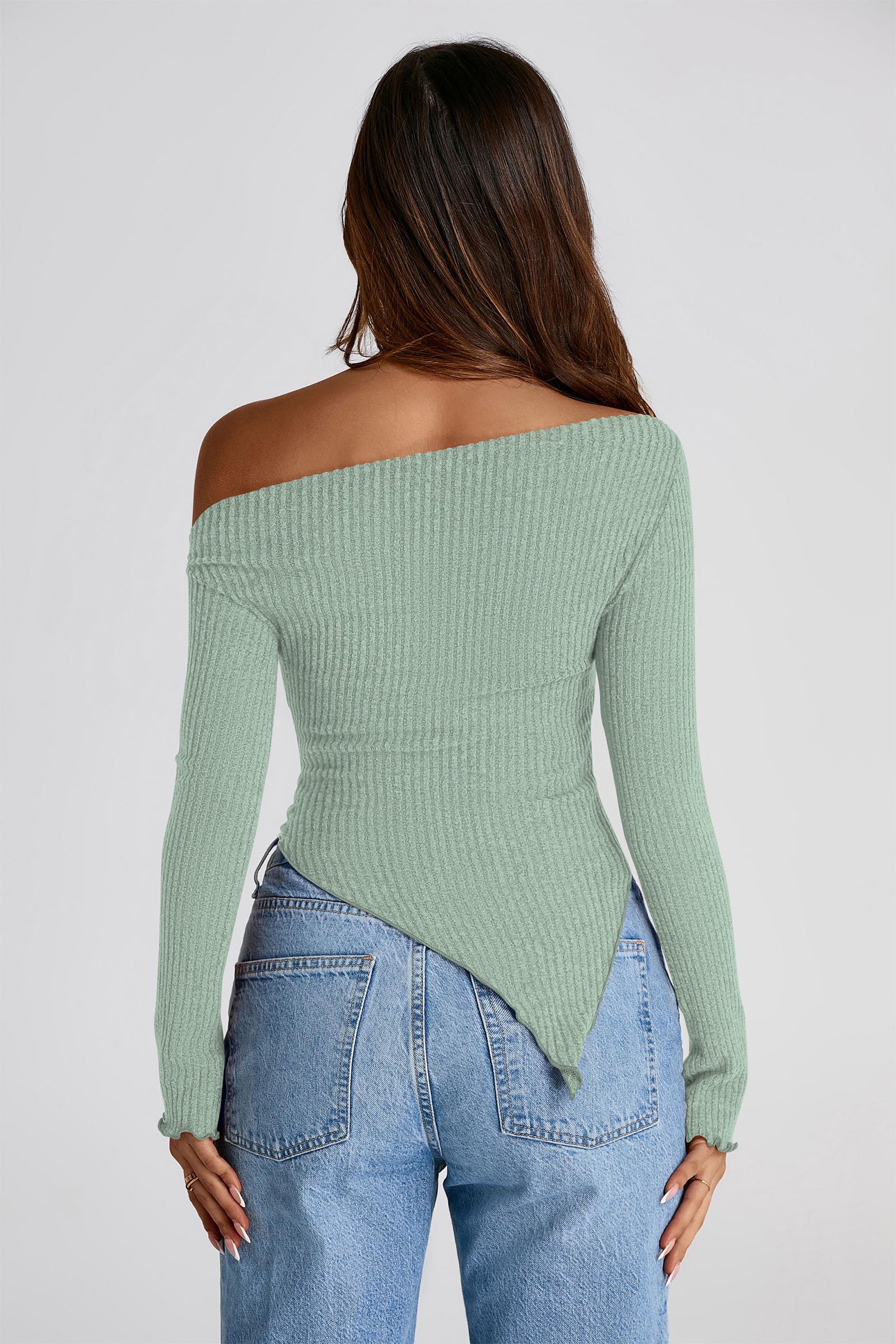 PRETTYGARDEN Women's Spring Long Sleeve Y2K Crop Top Trendy Off Shoulder Asymmetrical Fitted Knit Tee Shirts Going Out Tops