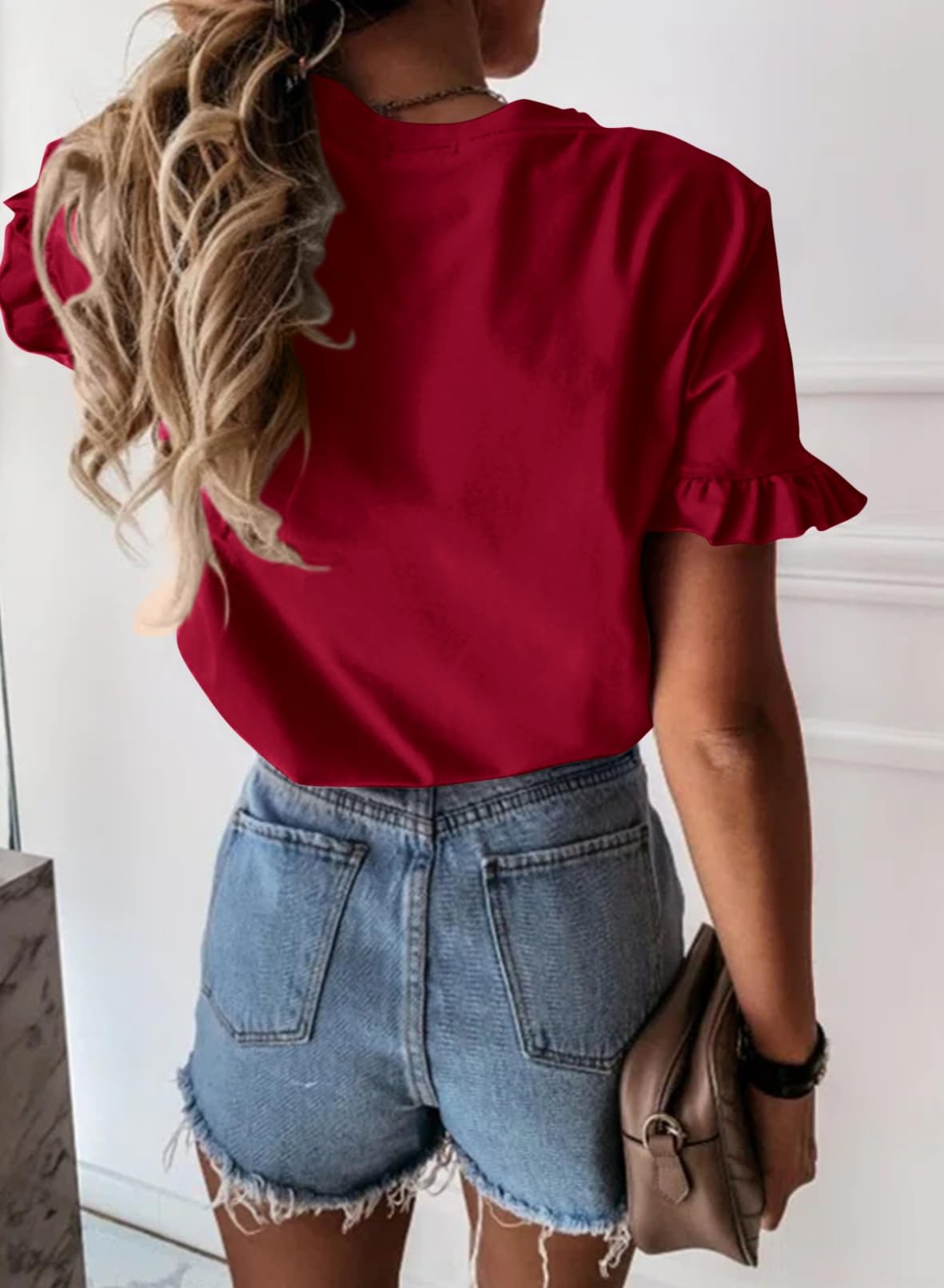 PRETTYGARDEN Women's Short Sleeve Casual T Shirts Summer Ruffle Plain Round Neck Loose Fit Tee Blouse Tops