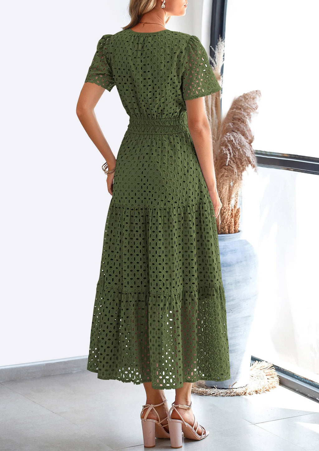 PRETTYGARDEN Womens Summer Maxi Dress Short Sleeve V Neck Hollow Out Eyelet A Line Long Flowy Beach Vacation Dresses