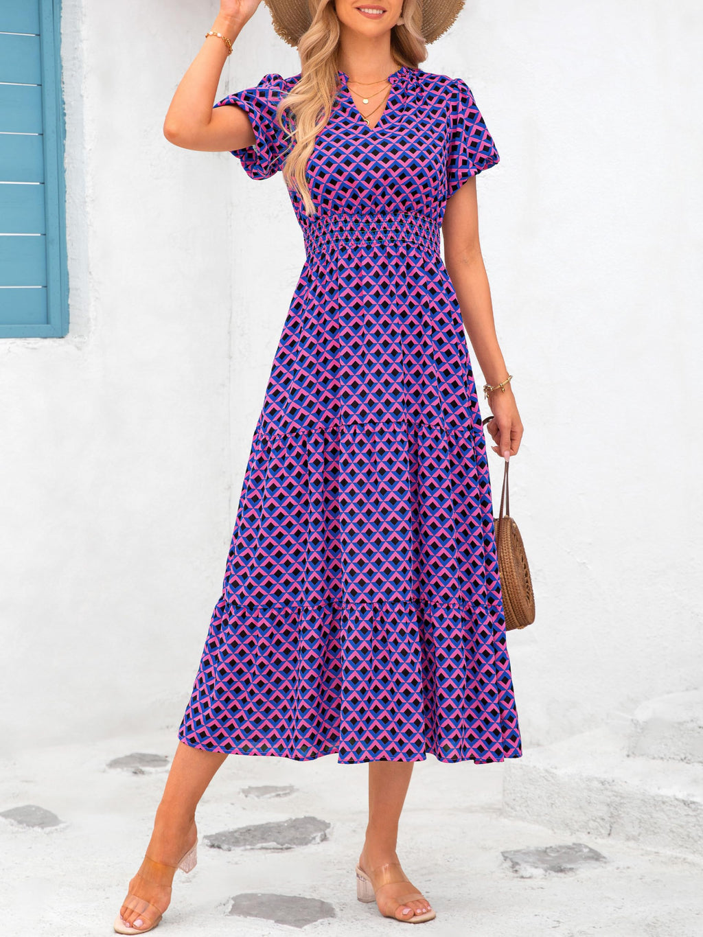 PRETTYGARDEN Summer Maxi Dresses for Women  Casual V Neck Puff Short Sleeve Smocked Flowy Beach Boho Long Floral Dress