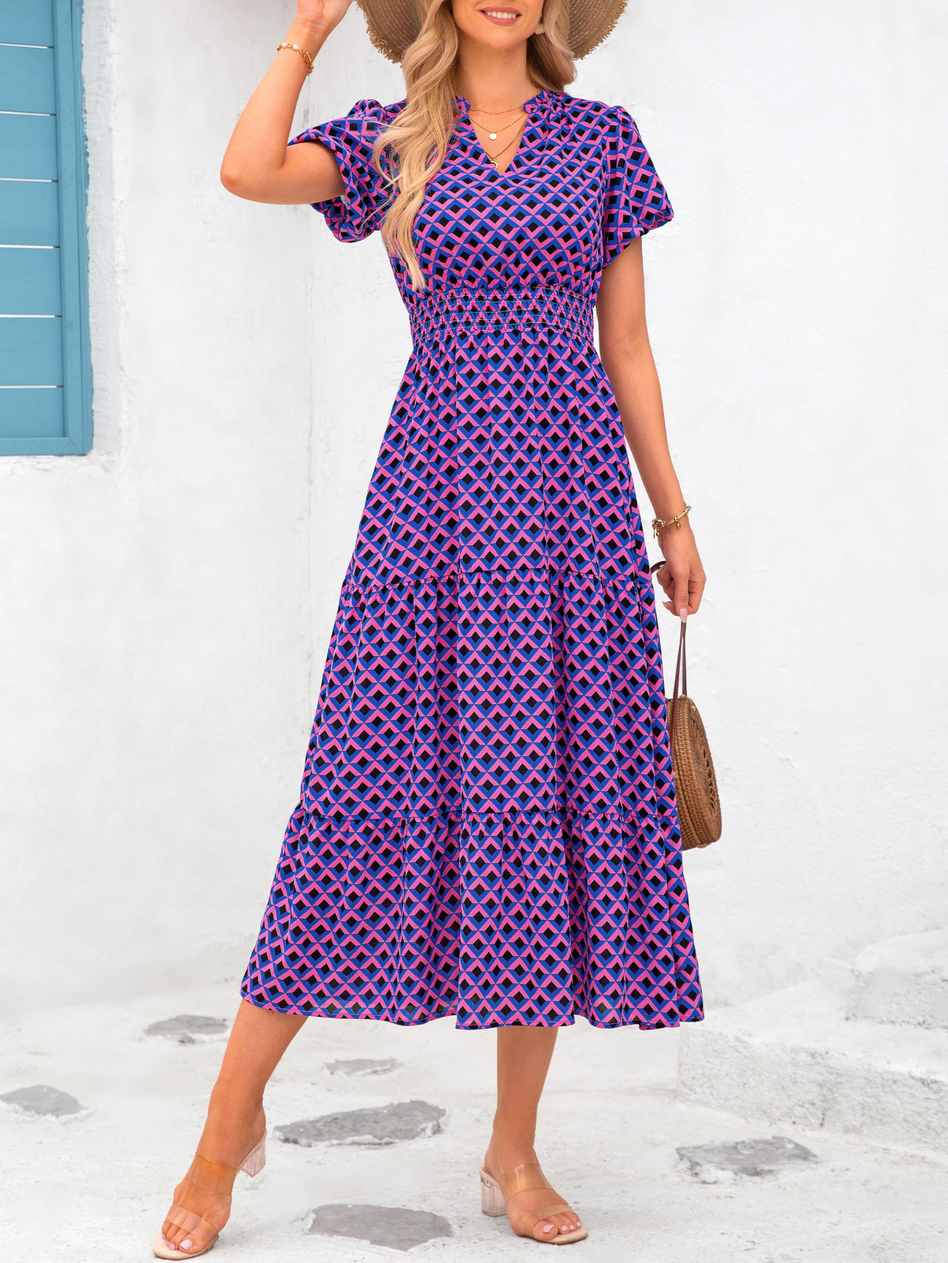 PRETTYGARDEN Summer Maxi Dresses for Women  Casual V Neck Puff Short Sleeve Smocked Flowy Beach Boho Long Floral Dress