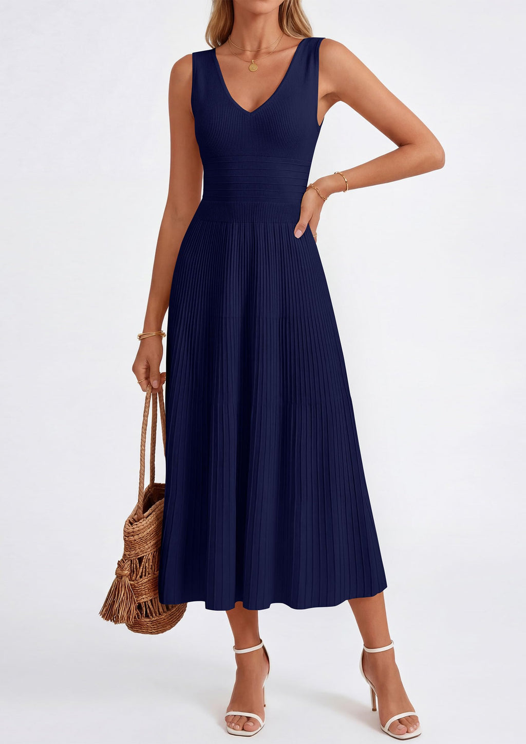 PRETTYGARDEN Women's Summer Casual Dresses Spring Sleeveless V Neck Knit Midi Business Work A Line Cocktail Dress