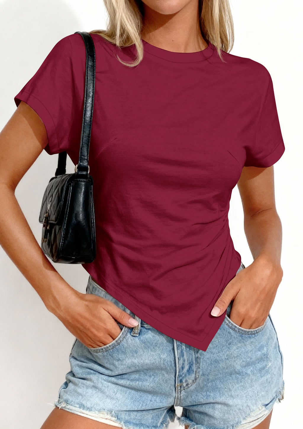 PRETTYGARDEN Womens Short Sleeve Crew Neck Trendy Shirts Spring Summer Y2K Going Out Tops Asymmetrical Ruched Blouse