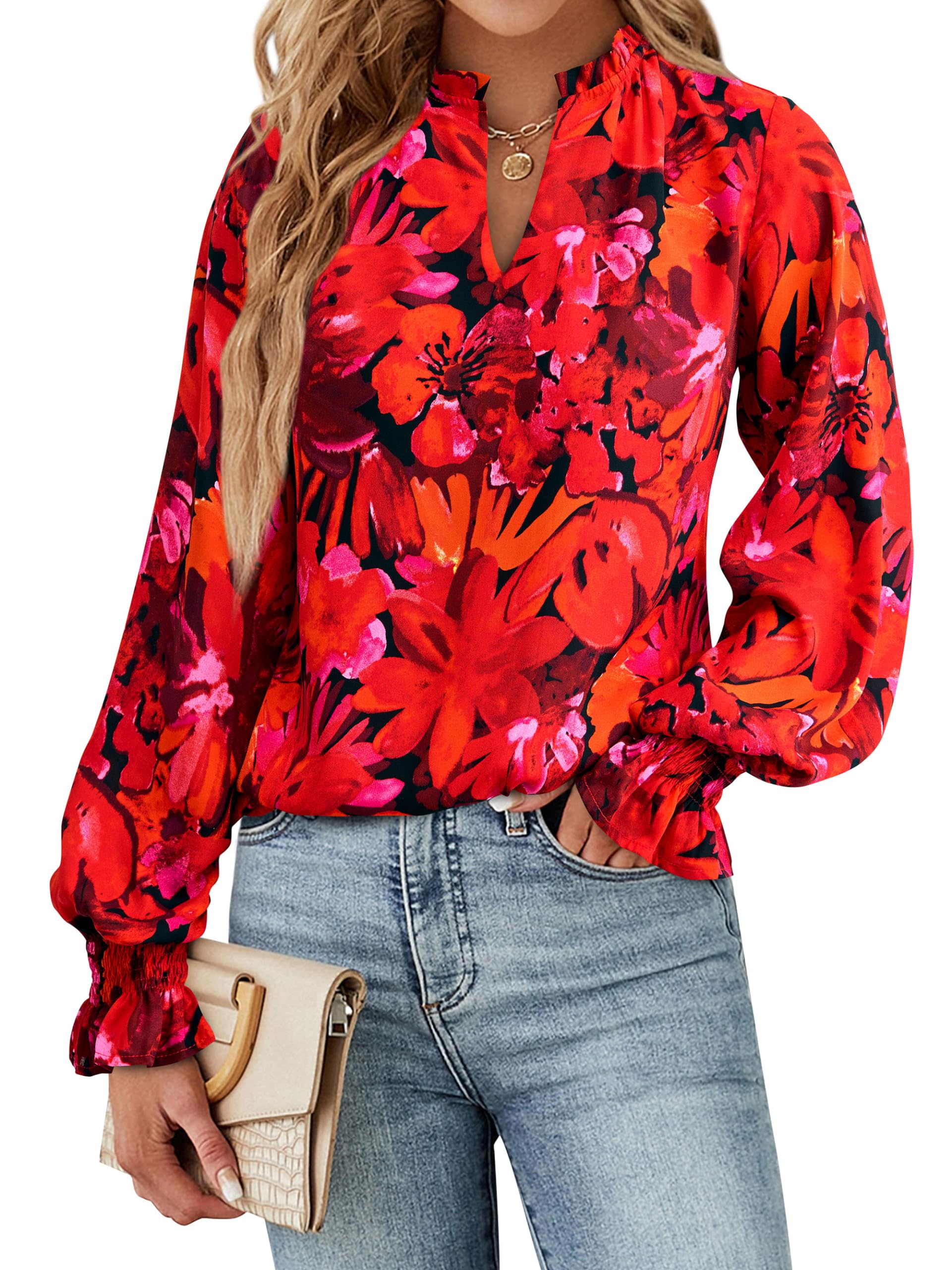 FreshPretty Womens V Neck Floral Long Sleeve Tops Summer Casual Loose Puff Sleeve Chiffon Boho Work Blouse Dressy T Shirts