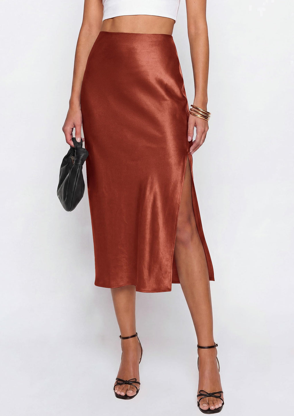 PRETTYGARDEN Womens Satin Skirt Summer Silk Business Casual High Waisted A Line Flowy Work Wedding Cocktail Midi Skirts