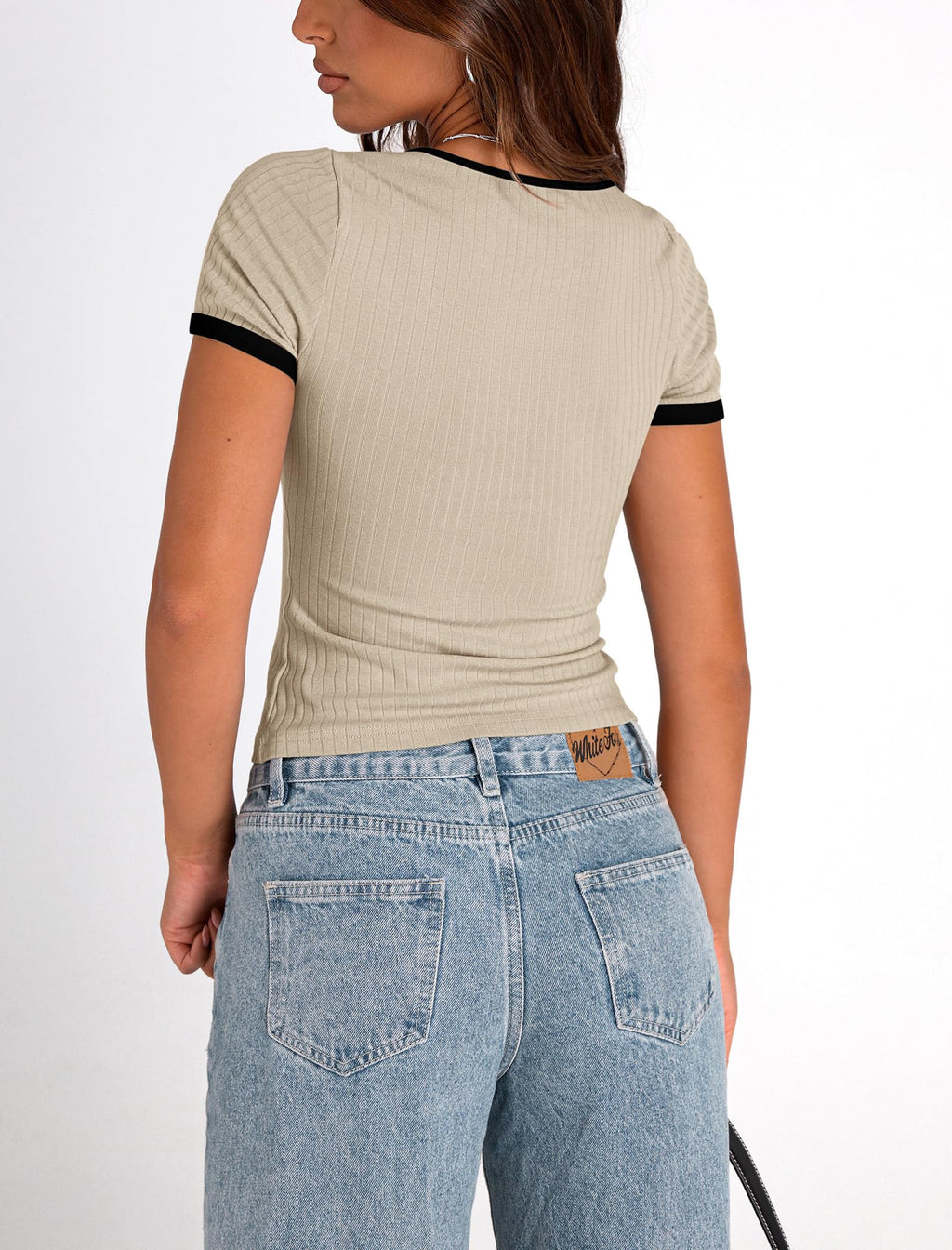 PRETTYGARDEN Women's Summer Short Sleeve T Shirts Ribbed Knit Square Neck Color Block Slim Fit Basic Casual Crop Tops Blouses