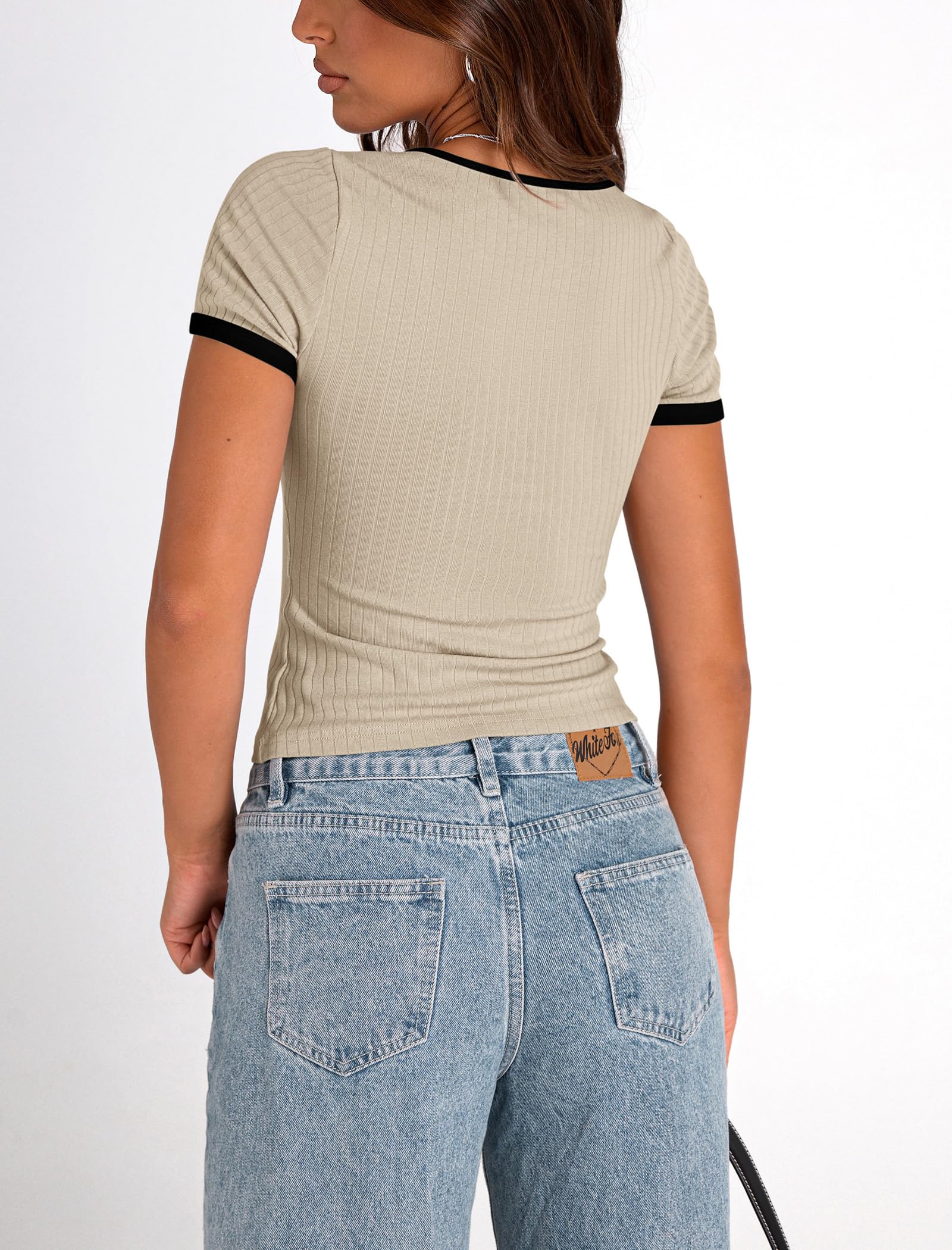 PRETTYGARDEN Women's Summer Short Sleeve T Shirts Ribbed Knit Square Neck Color Block Slim Fit Basic Casual Crop Tops Blouses