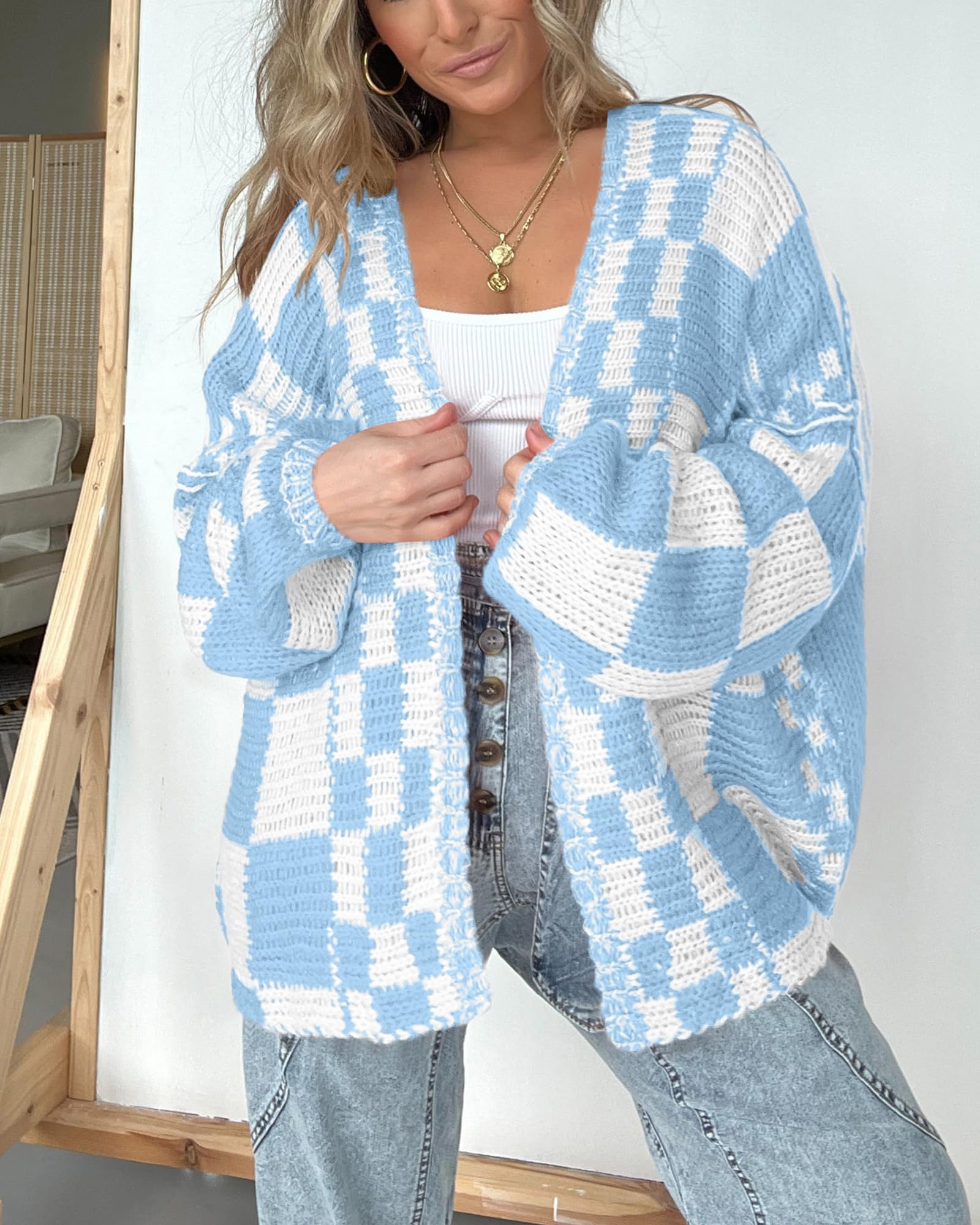 FreshPretty Casual Cardigan Sweater for Women Fall Long Sleeve Open Front Chunky Knit Sweaters Checkered Outwear Coat