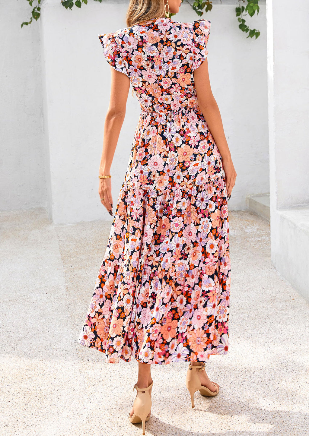 Visit the PRETTYGARDEN Store PRETTYGARDEN Women's Summer Floral Midi Dress Cap Sleeve V Neck Ruffle Long Flowy Boho Casual Beach Vacation Dresses