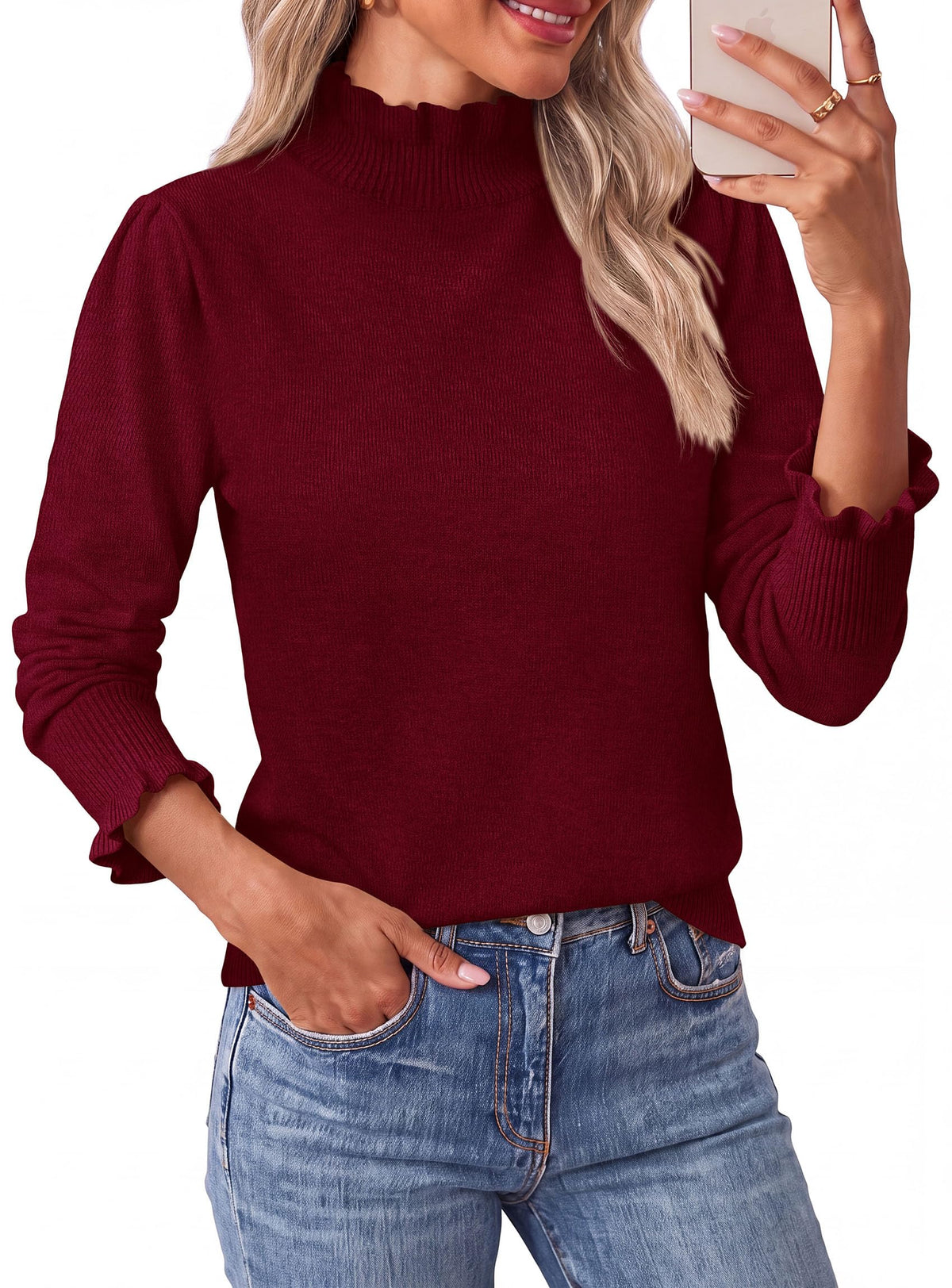 PRETTYGARDEN Women's Fall Cozy Sweaters Trendy Ruffle Mock Neck Pullover Soft Stretchy Warm, Ribbed Knit, Cute Tops, Puff Long Sleeve Blouses, Dressy Casual Shirts,Winter Clothing