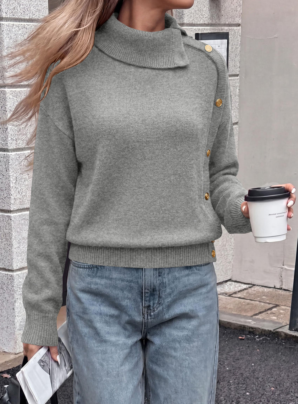 PRETTYGARDEN Womens Turtleneck Sweater Pullover Side Button Fall Clothes Stretchy Knit,Dropped Shoulder,Ribbed Cuffs,Asymmetrical,Jumper Long Sleeve Tops,Work Offices