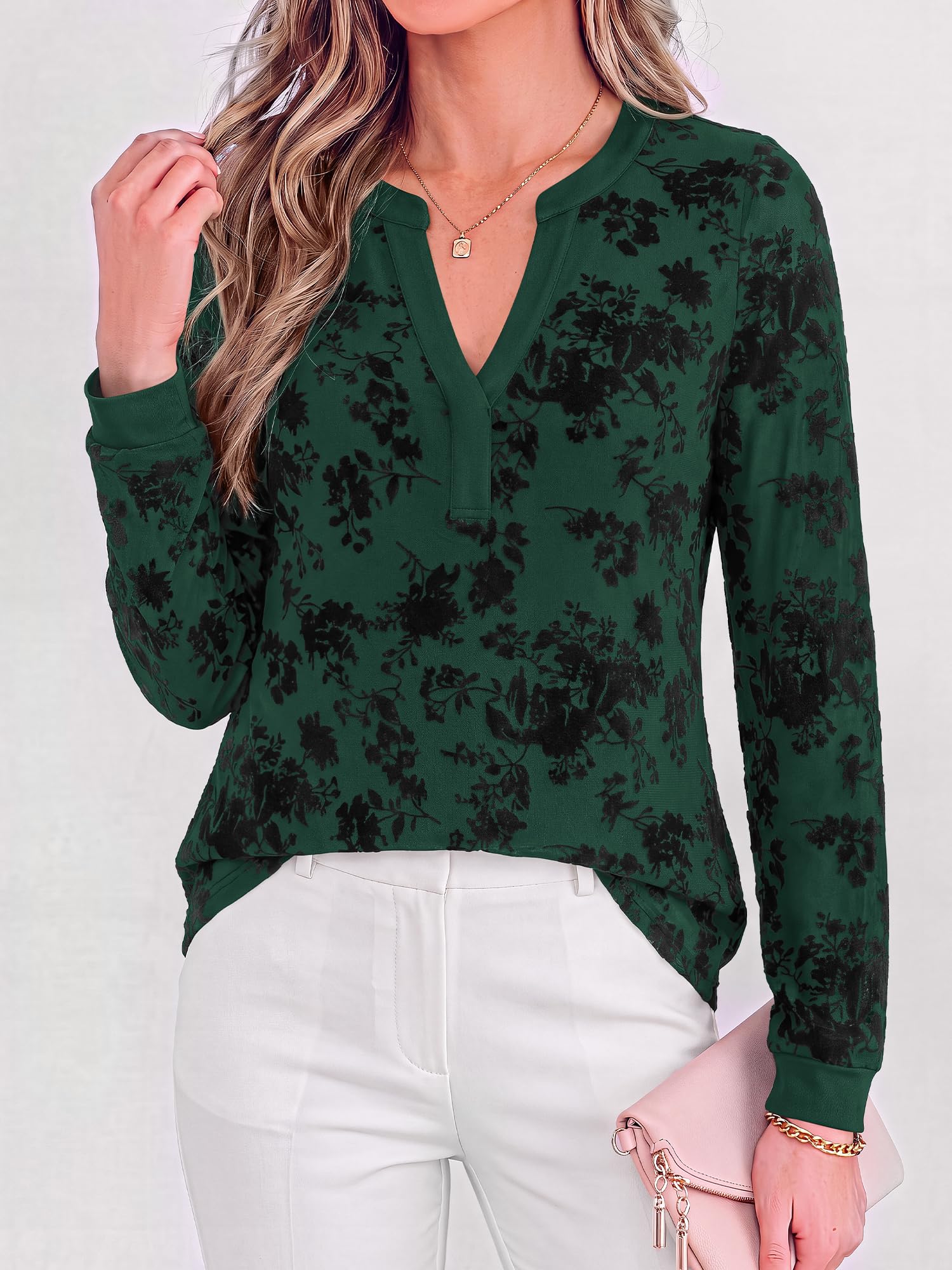 BTFBM Womens Tops Floral Sheer Mesh Long Sleeve Blouses Dressy Casual V Neck Flocked Mesh Shirts,Velvet-Like Flowers,Double Layered,Loose Fit Tunics,Business Casual Top,Fall Fashion Clothing