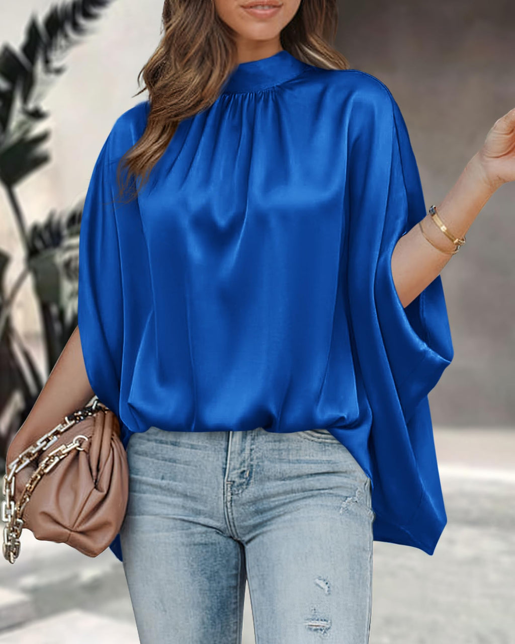BTFBM Womens Summer Tops Mock Neck Batwing Sleeve Silk Satin Shirts Loose Oversized Dressy Casual Spring Blouses
