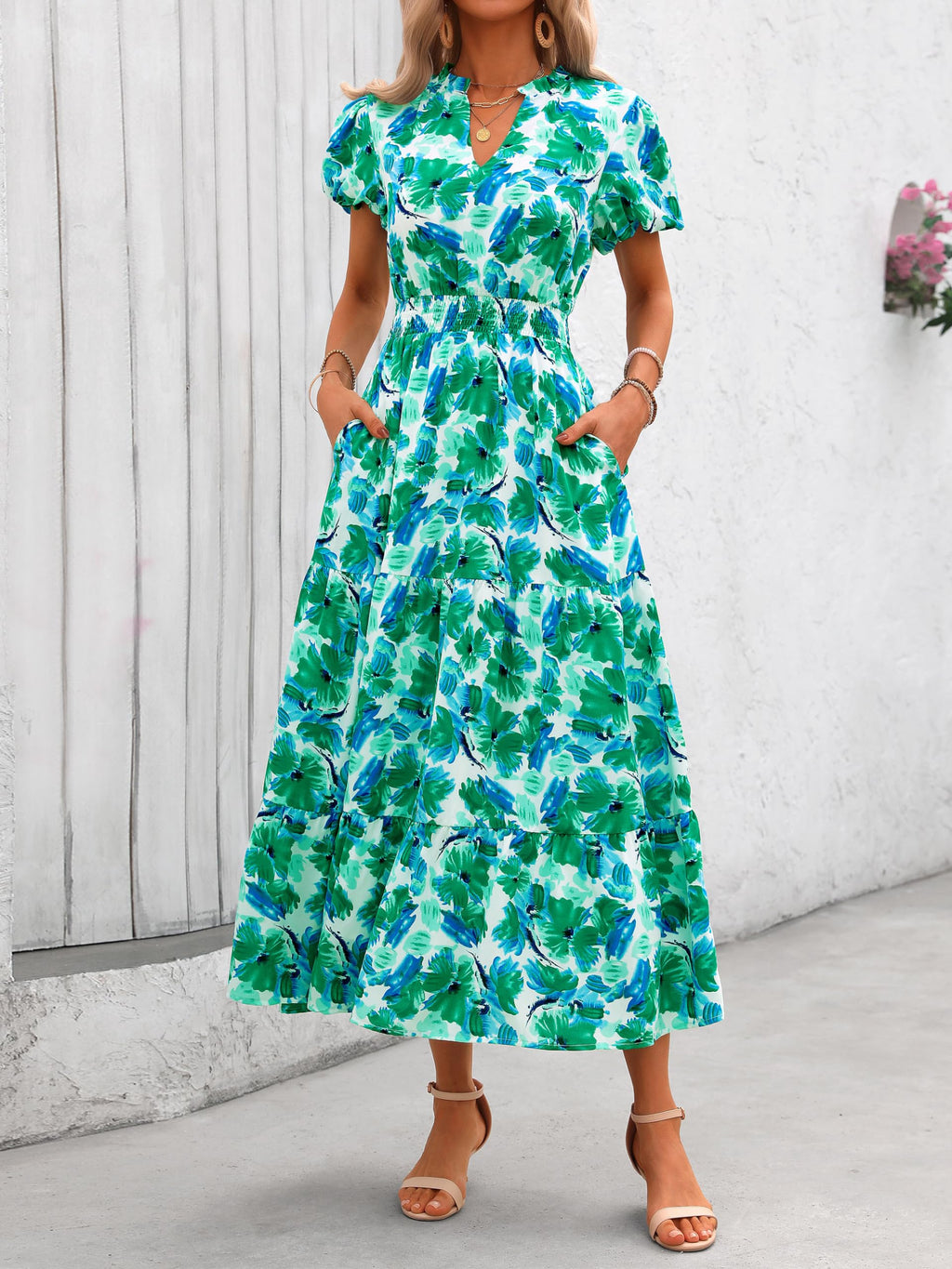 PRETTYGARDEN Summer Maxi Dresses for Women  Casual V Neck Puff Short Sleeve Smocked Flowy Beach Boho Long Floral Dress