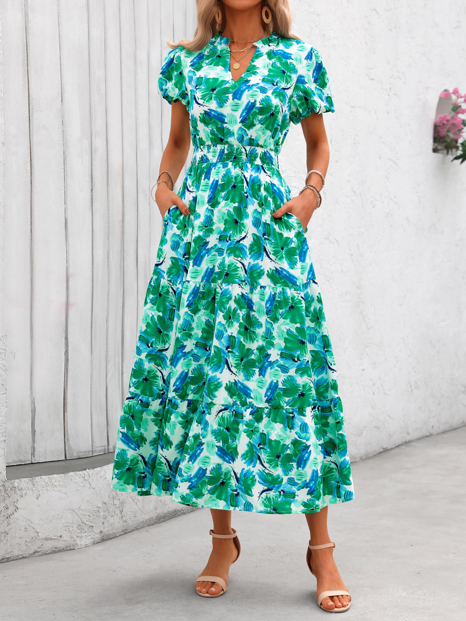 PRETTYGARDEN Summer Maxi Dresses for Women  Casual V Neck Puff Short Sleeve Smocked Flowy Beach Boho Long Floral Dress