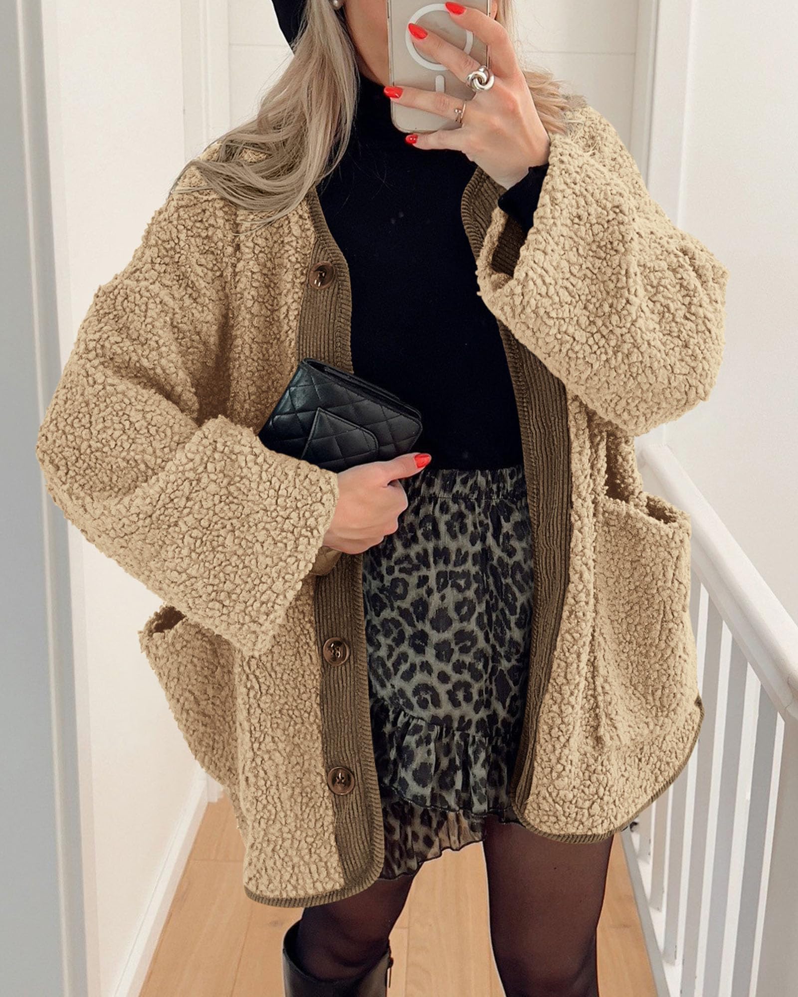 PRETTYGARDEN Women's Winter Coats Long Sleeve Button up Fuzzy Sherpa Fleece Jackets Outerwear Fall Fashion Clothes
