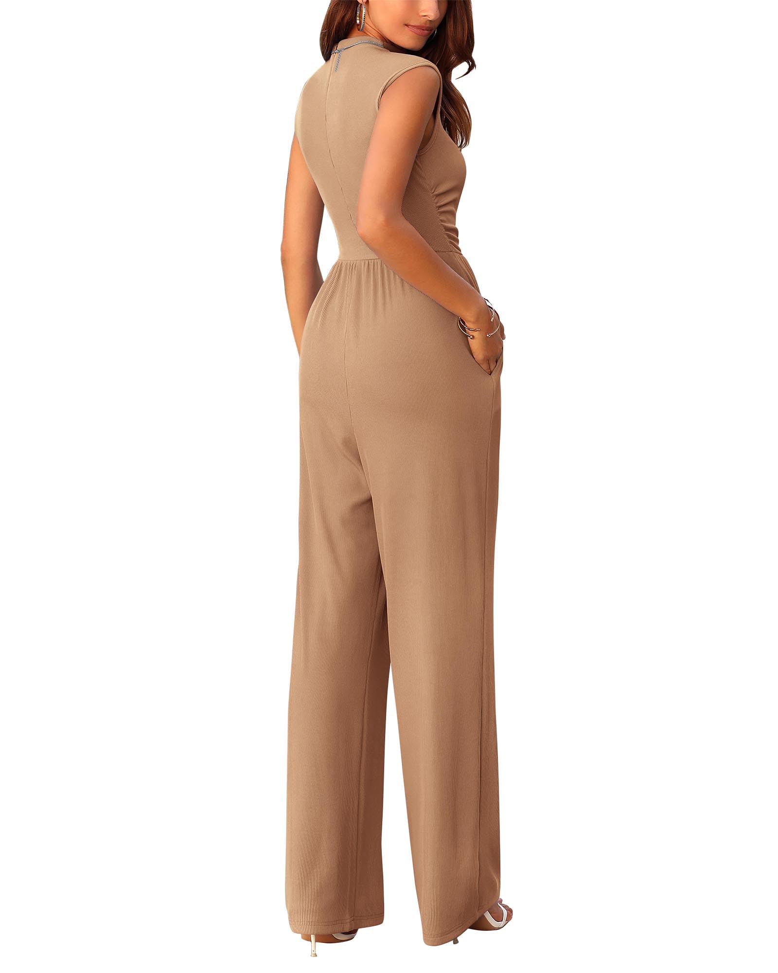 FreshPretty Womens Jumpsuit Dressy Casual Summer Outfits One Piece Cap Sleeve Mock Neck Wide Leg Pants Rompers with Pockets