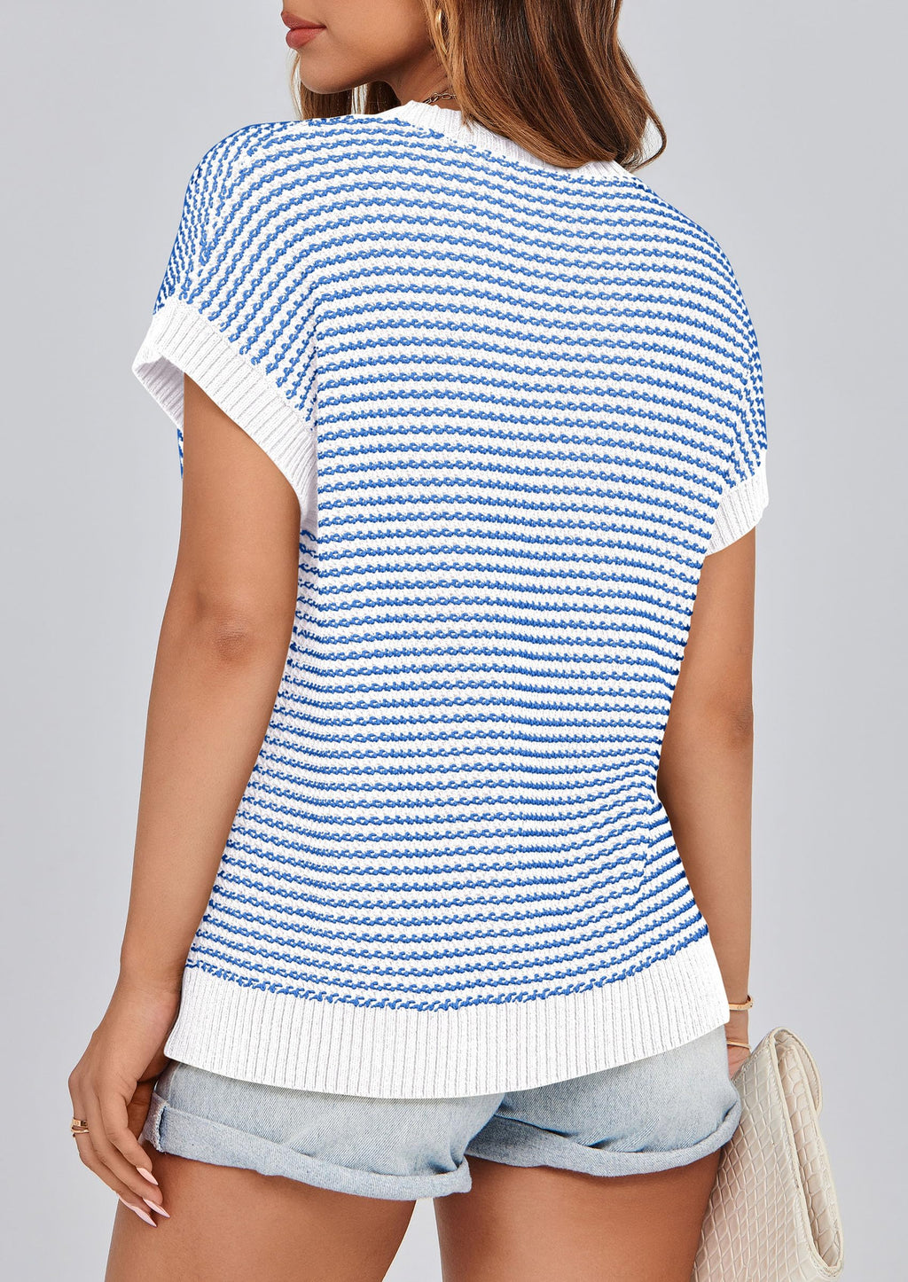 PRETTYGARDEN Womens Short Sleeve Sweater Spring Summer Round Neck Striped Pullover Cap Sleeve Knit Sweater Vest Tops