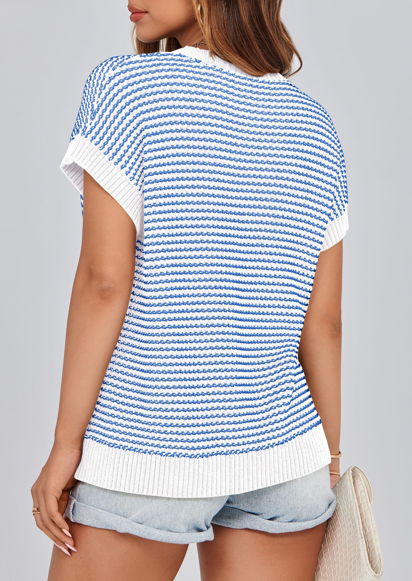 PRETTYGARDEN Womens Short Sleeve Sweater Spring Summer Round Neck Striped Pullover Cap Sleeve Knit Sweater Vest Tops