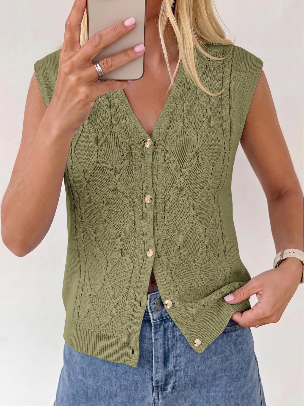 BTFBM Vest Tops for Women Summer V Neck Button Loose Lightweight Cardigan Knit Cap Sleeve Sweater Vests Fashion Clothing